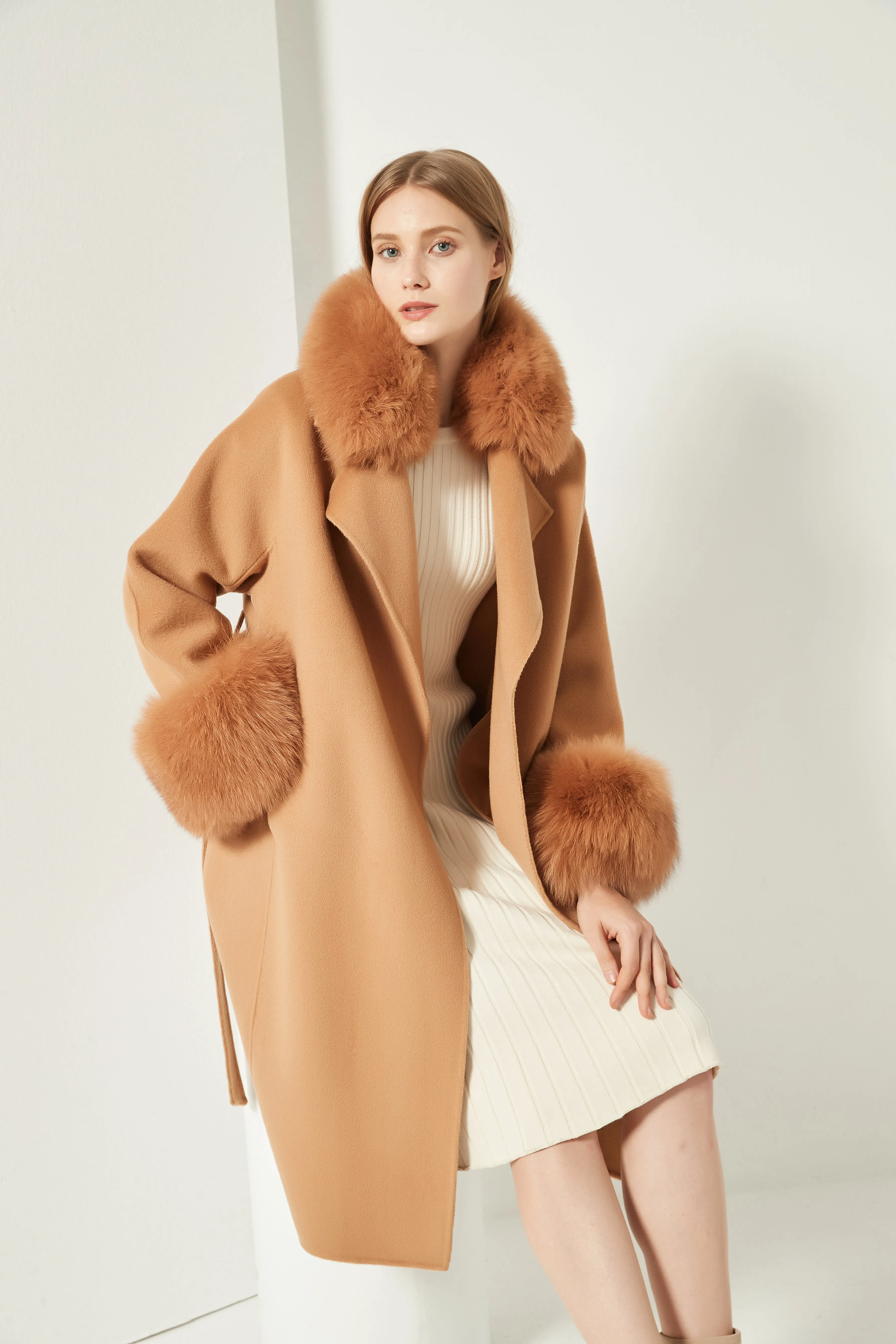 Cashmere Coat with Detachable Fur Collar and Cuffs - Camel