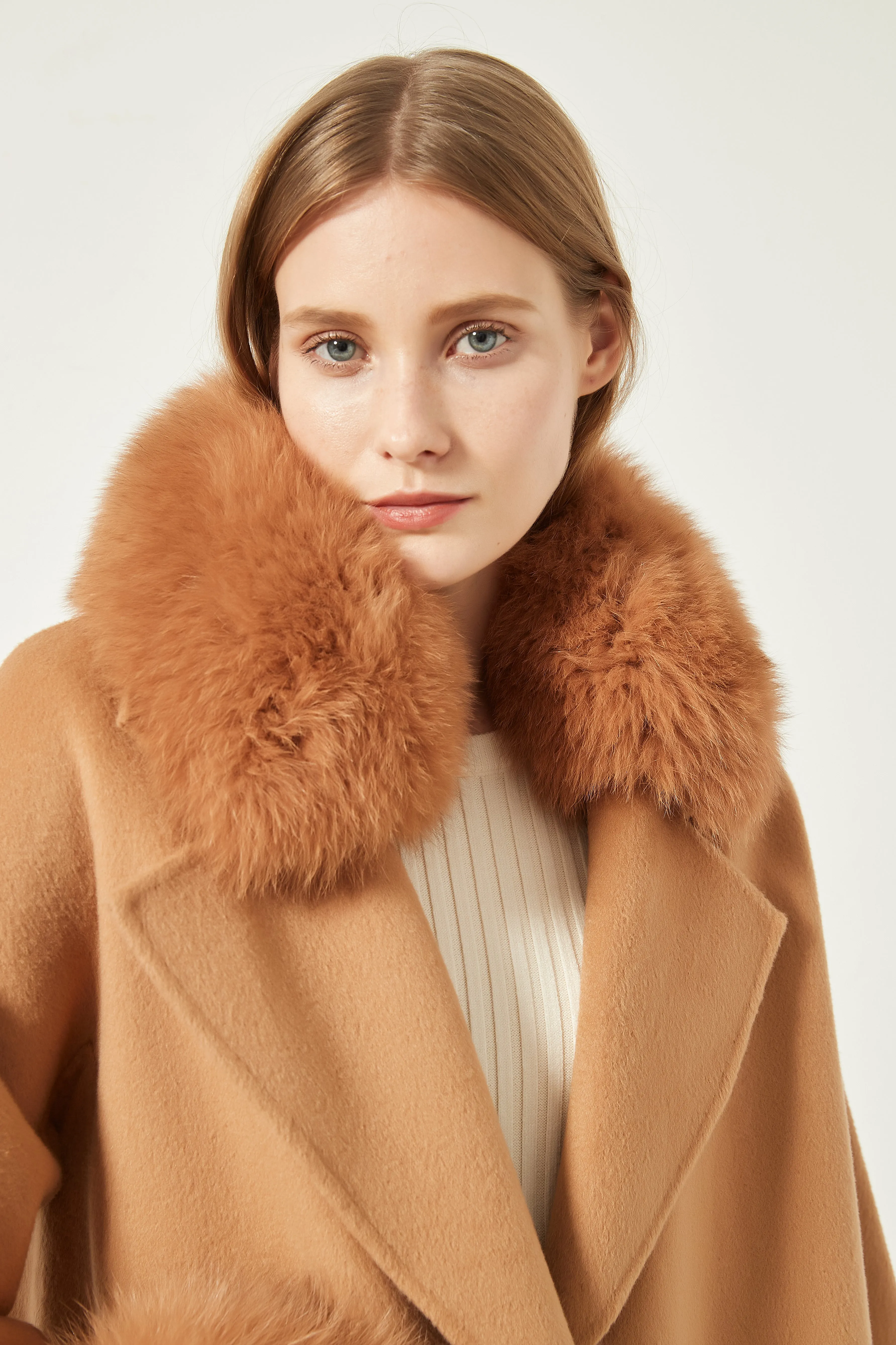 Cashmere Coat with Detachable Fur Collar and Cuffs - Camel