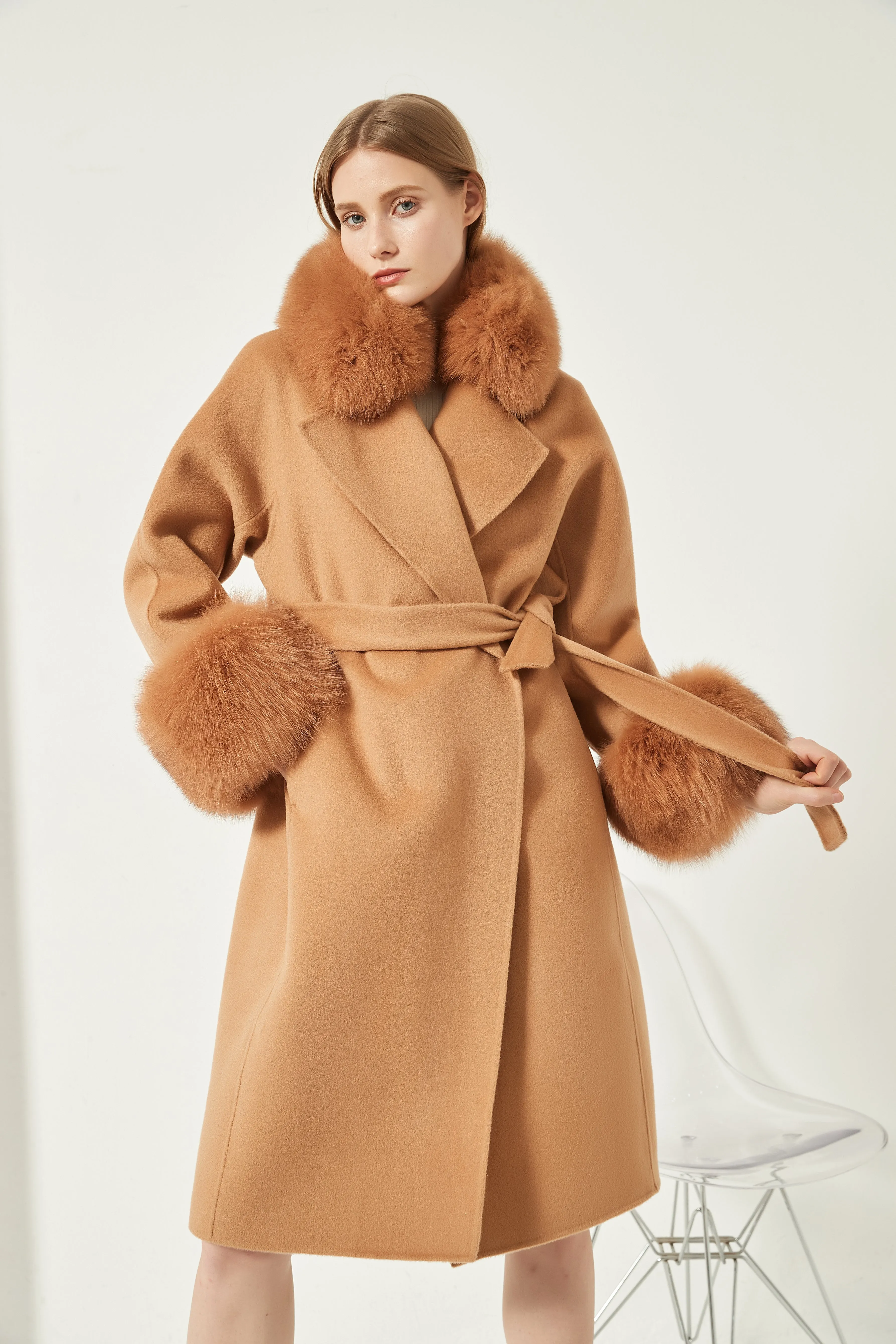 Cashmere Coat with Detachable Fur Collar and Cuffs - Camel