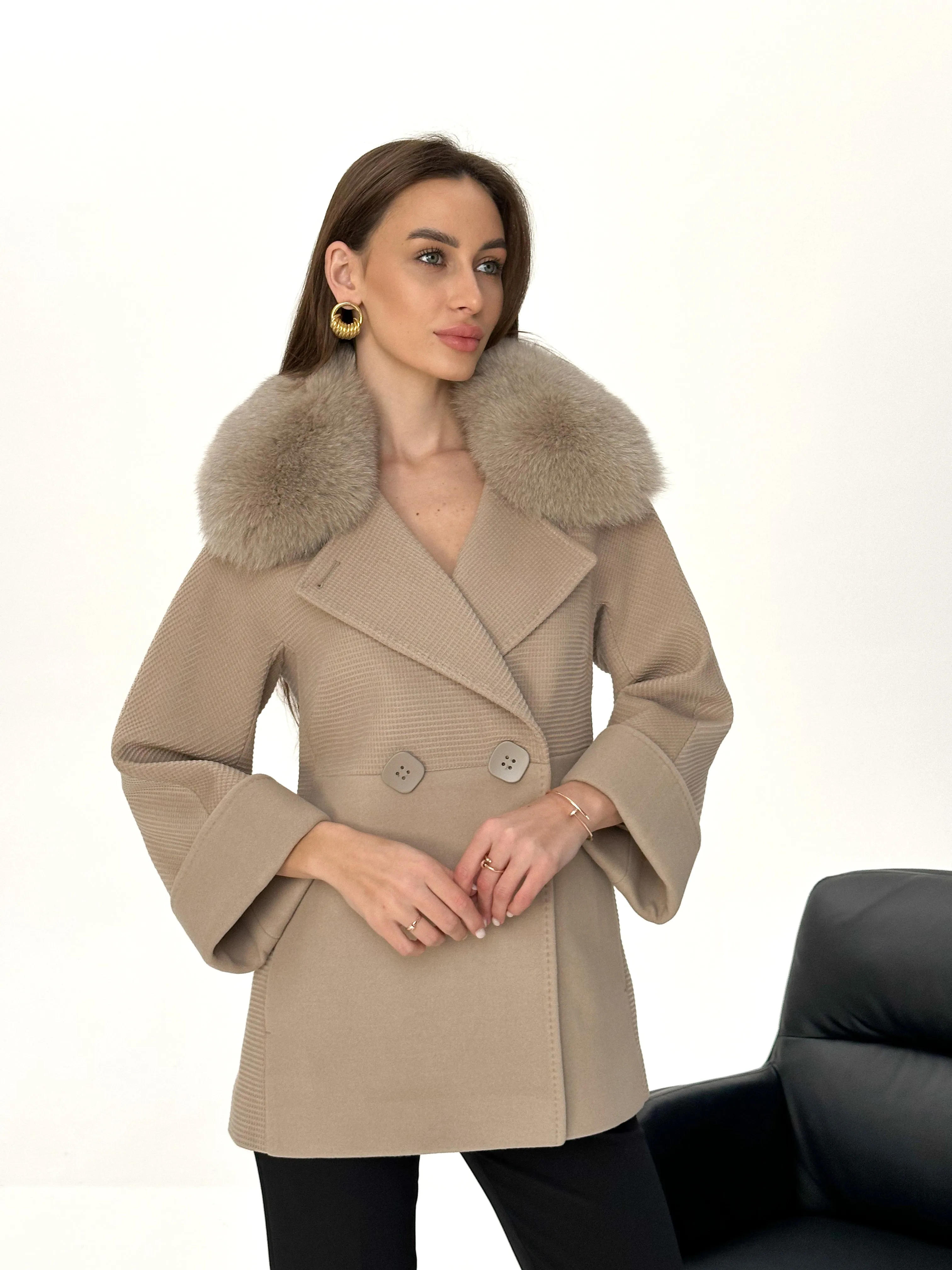 Chelsea Genuine Polar Fox Trim Cashmere Wool Coat