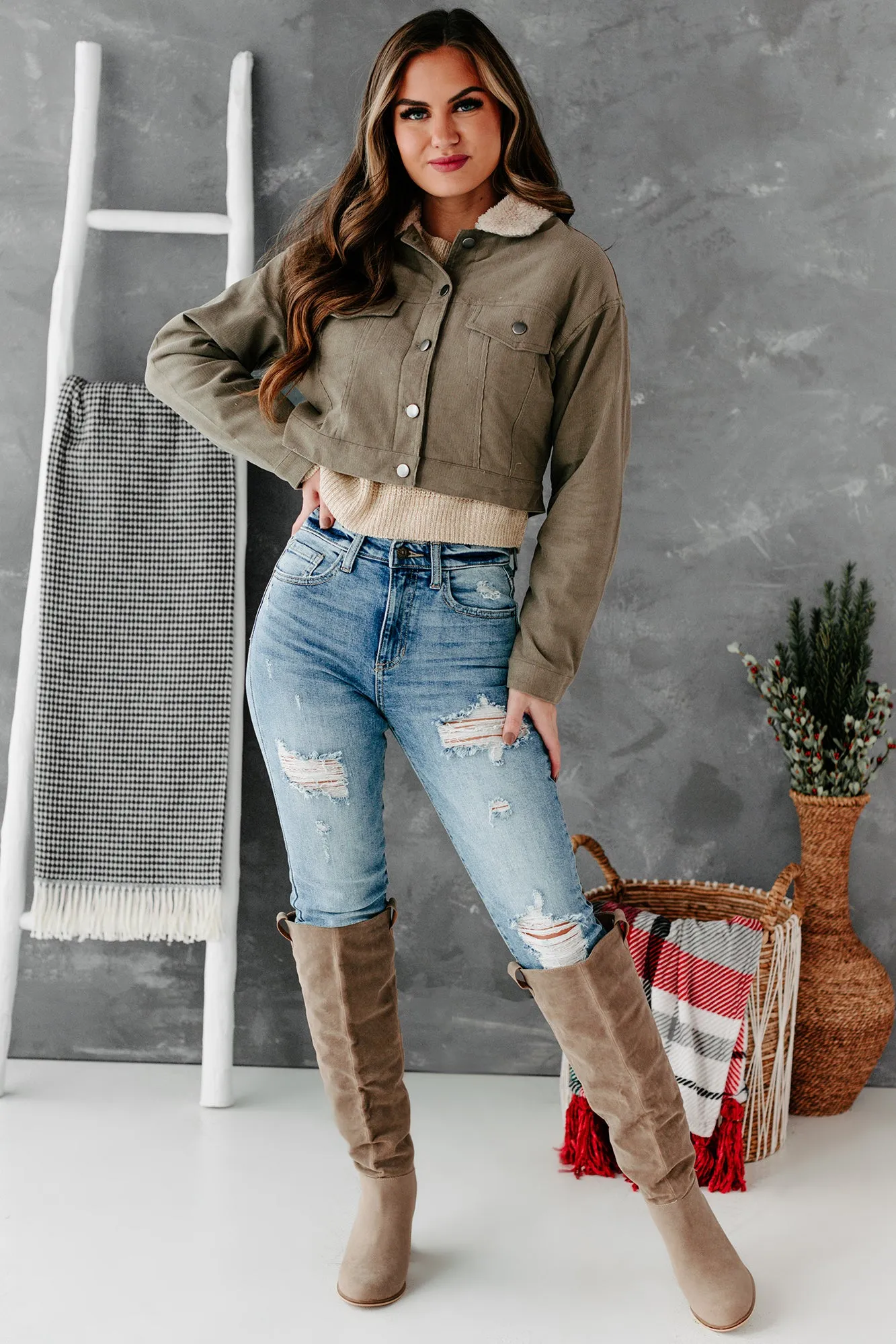 Corduroy Cutie Cropped Sherpa Lined Corduroy Jacket (Olive)