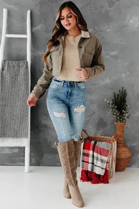 Corduroy Cutie Cropped Sherpa Lined Corduroy Jacket (Olive)