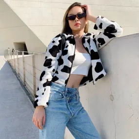 Cow Print Faux Fur Coat Women Animal Printed Casual Furry Crop Teddy Zipper Overcoat Jacket