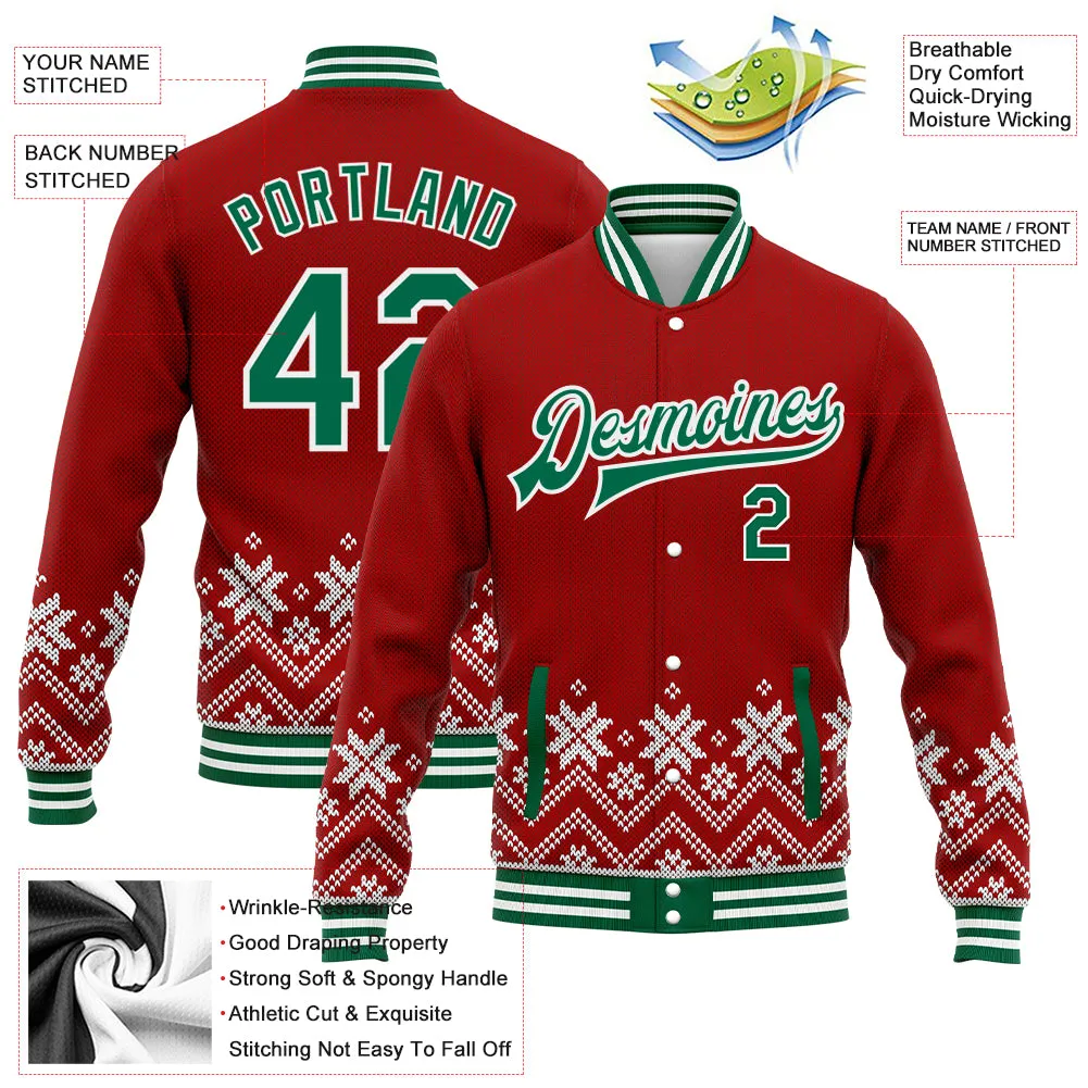 Custom Red Kelly Green-White Christmas Snowflakes 3D Bomber Full-Snap Varsity Letterman Jacket