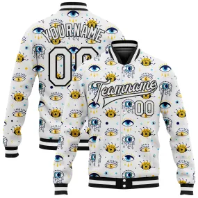 Custom White Black Evil Eyes 3D Pattern Design Bomber Full-Snap Varsity Letterman Jacket