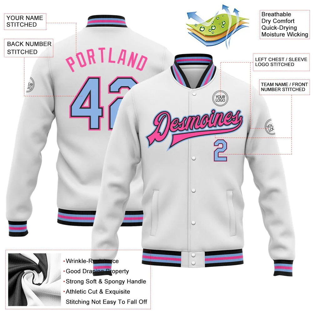 Custom White Light Blue Black-Pink Bomber Full-Snap Varsity Letterman Jacket