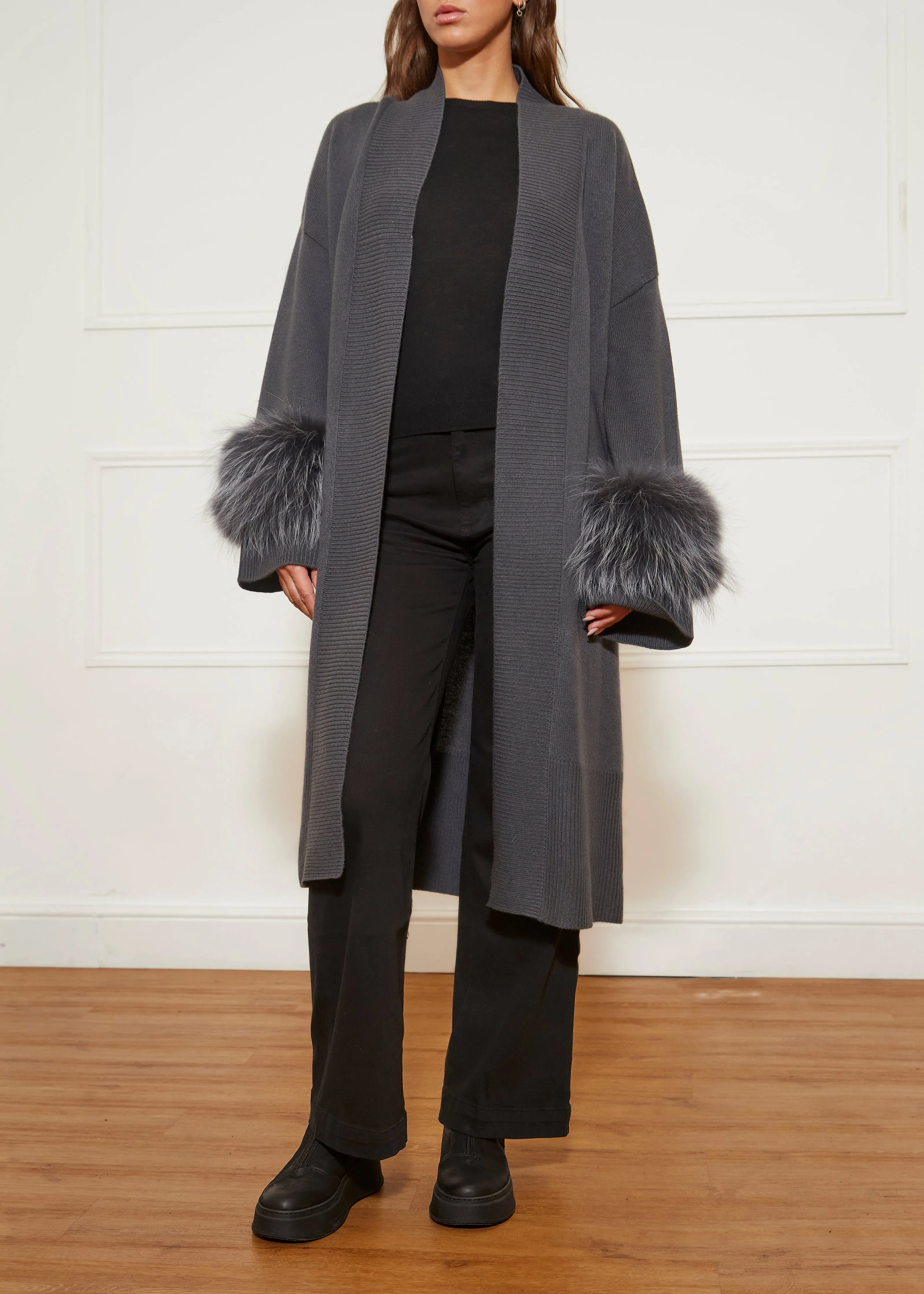 Dark Grey Fur Trim Cashmere Blend Cardigan