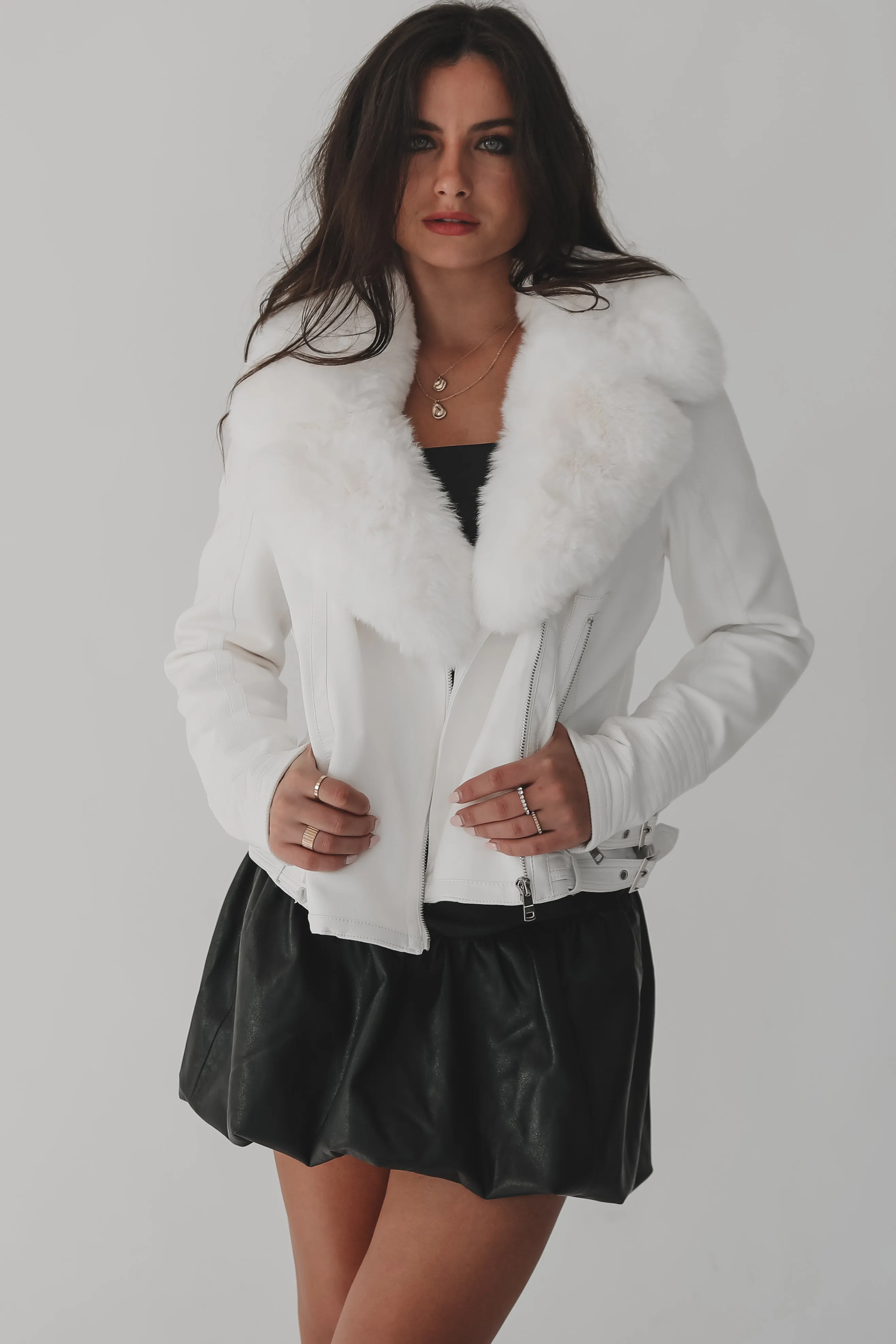 Did A Double Take White Faux Leather Fur Moto Jacket