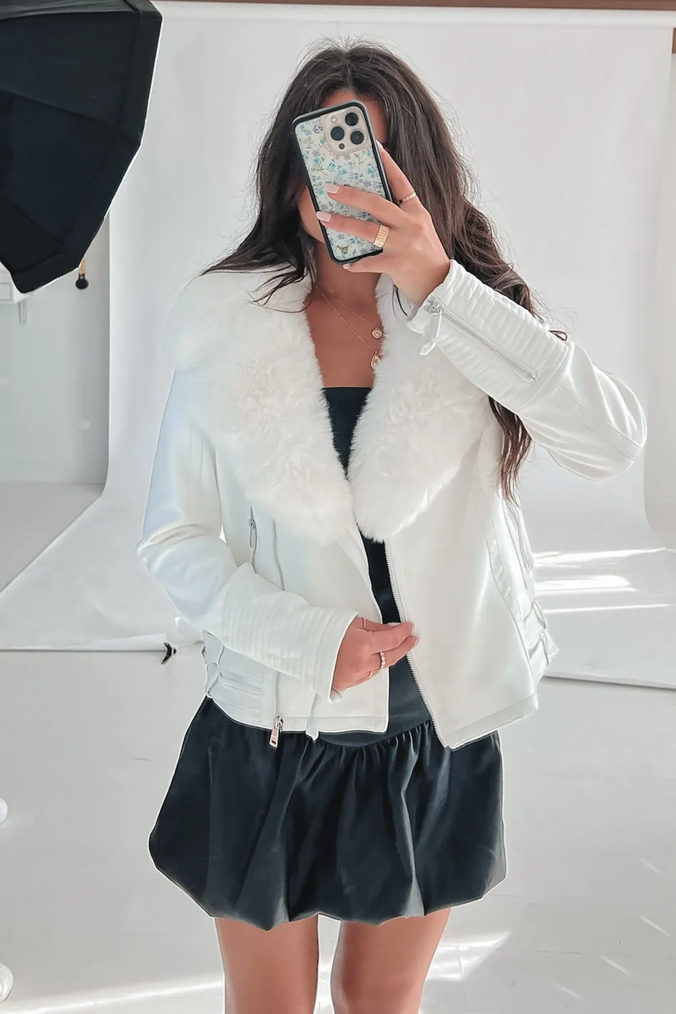 Did A Double Take White Faux Leather Fur Moto Jacket