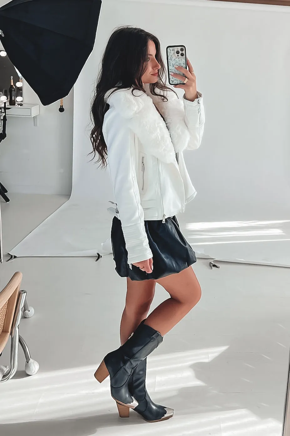 Did A Double Take White Faux Leather Fur Moto Jacket