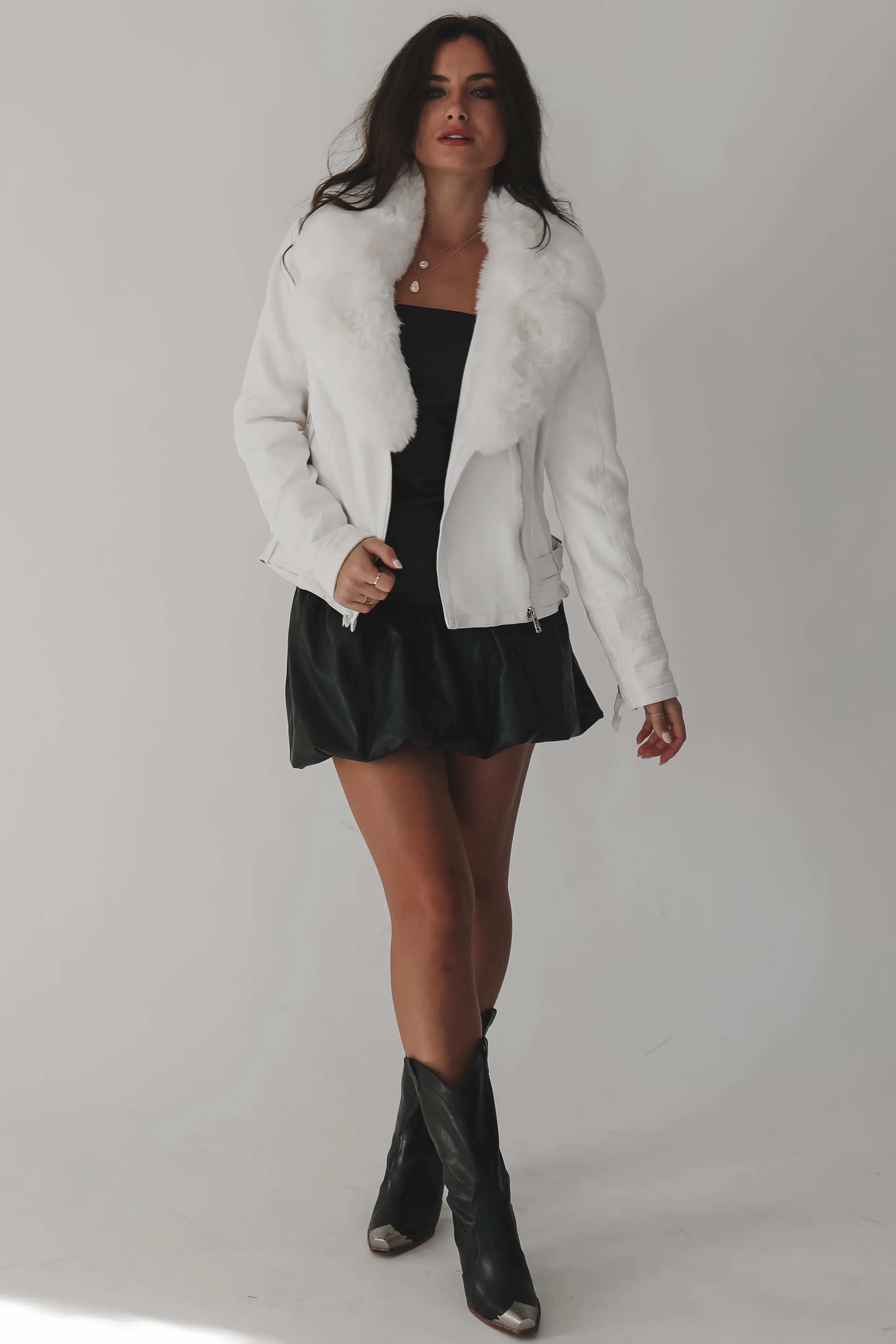 Did A Double Take White Faux Leather Fur Moto Jacket