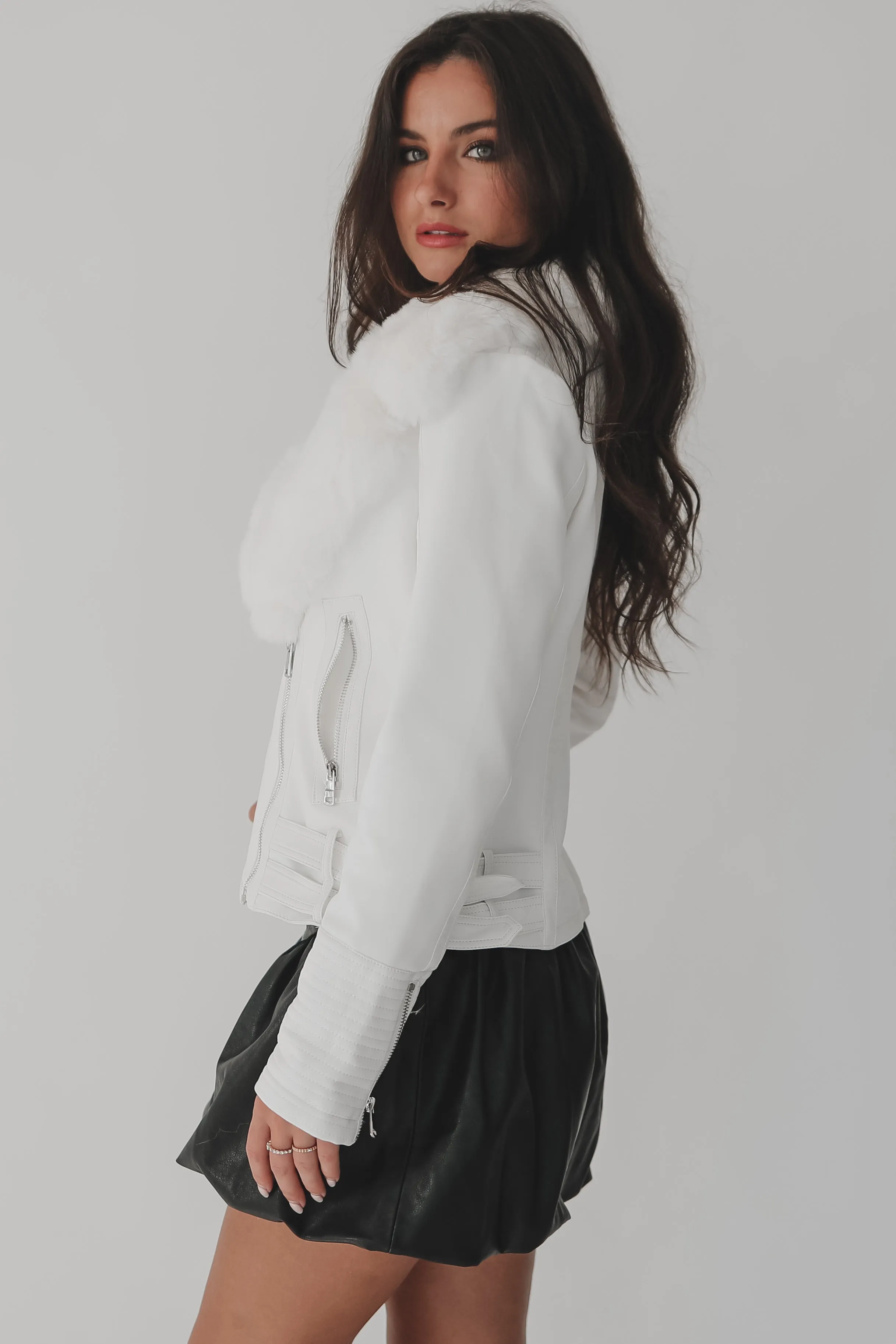 Did A Double Take White Faux Leather Fur Moto Jacket