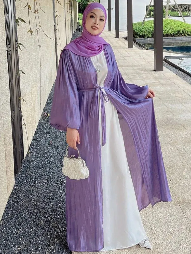 Dubai Turkish Style Kaftan Abaya Cardigan with Puff Sleeves for Muslim Women