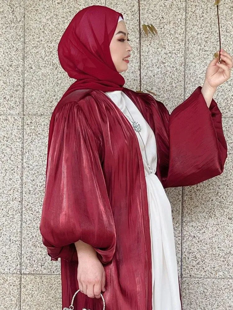 Dubai Turkish Style Kaftan Abaya Cardigan with Puff Sleeves for Muslim Women