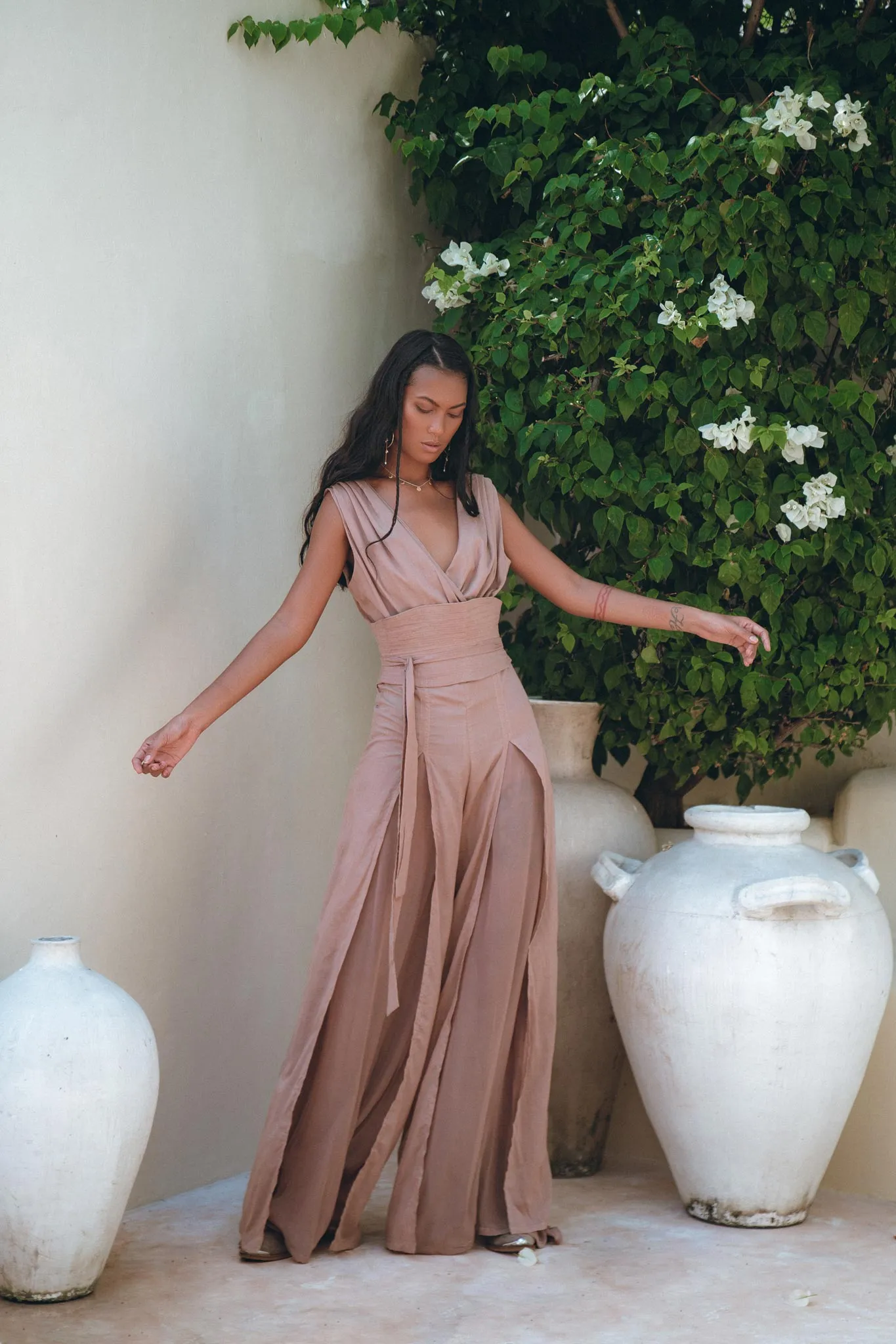 Dusty Pink Braided Overalls • Boho Silk with Cotton Maxi Jumpsuit Women