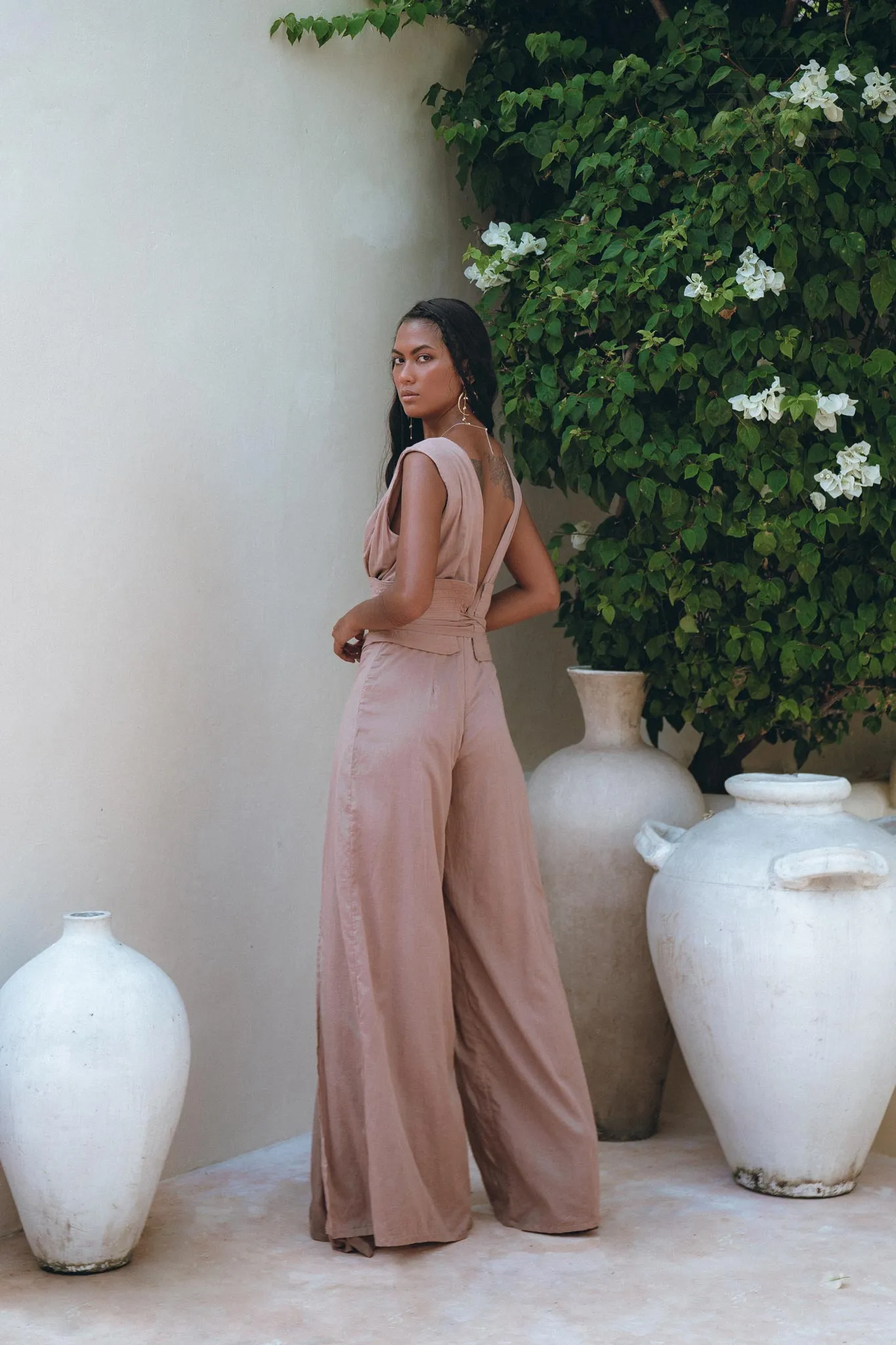 Dusty Pink Braided Overalls • Boho Silk with Cotton Maxi Jumpsuit Women