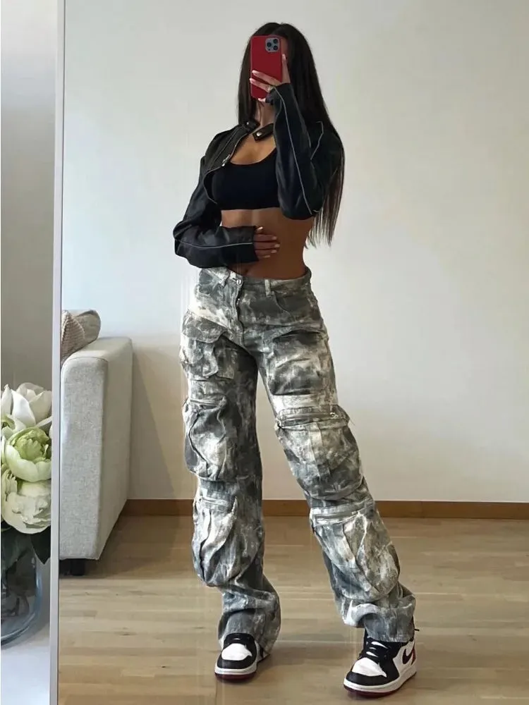 Fashion High Street Pockets Cargo Camouflage Long Multiple Waist Loose Jeans Pants