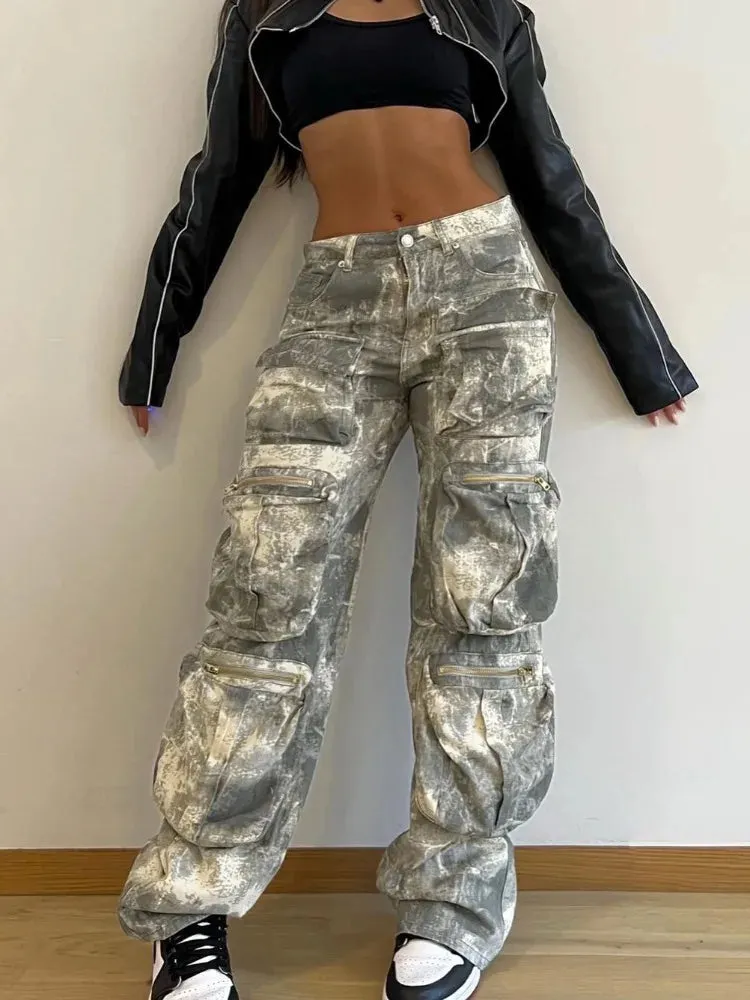 Fashion High Street Pockets Cargo Camouflage Long Multiple Waist Loose Jeans Pants