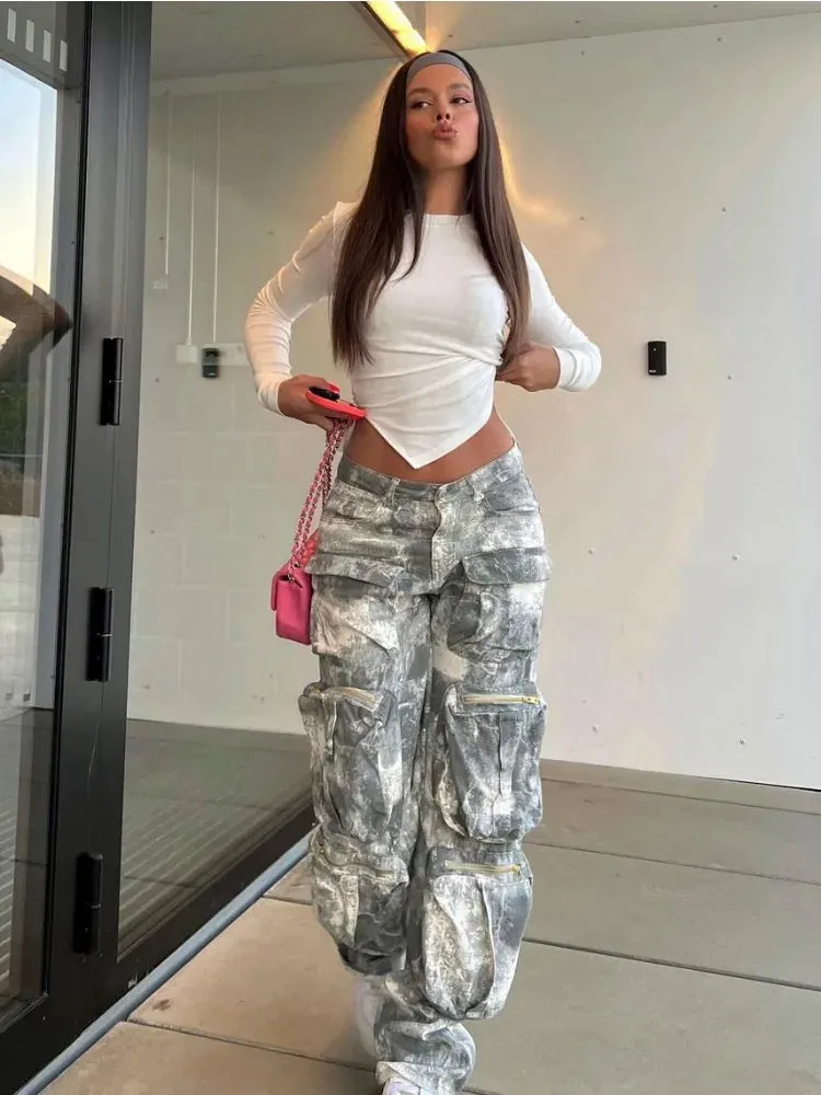 Fashion High Street Pockets Cargo Camouflage Long Multiple Waist Loose Jeans Pants