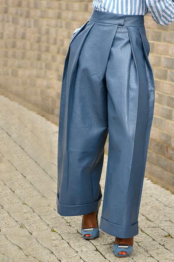 Fashion PU Pleated High Waist Pants