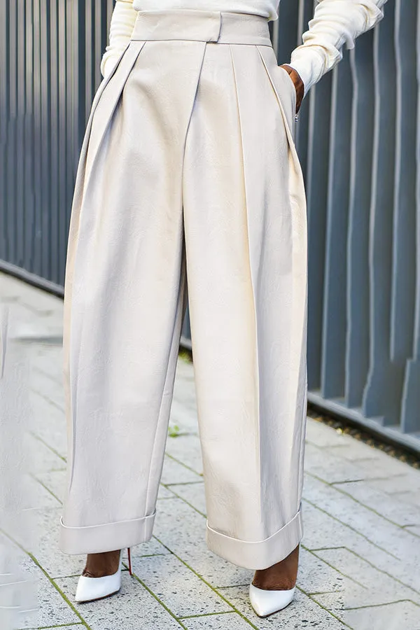 Fashion PU Pleated High Waist Pants