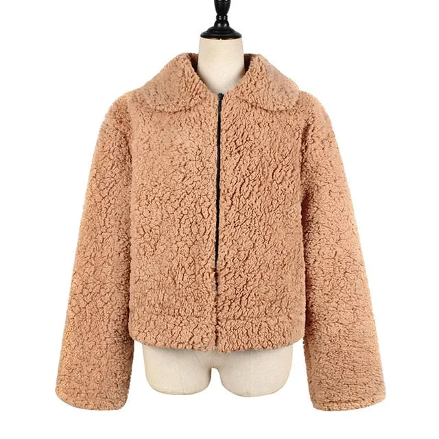 Faux Fur Coat Autumn Elegant Loose Thin Outwear Zipper Overcoat Teddy Jacket