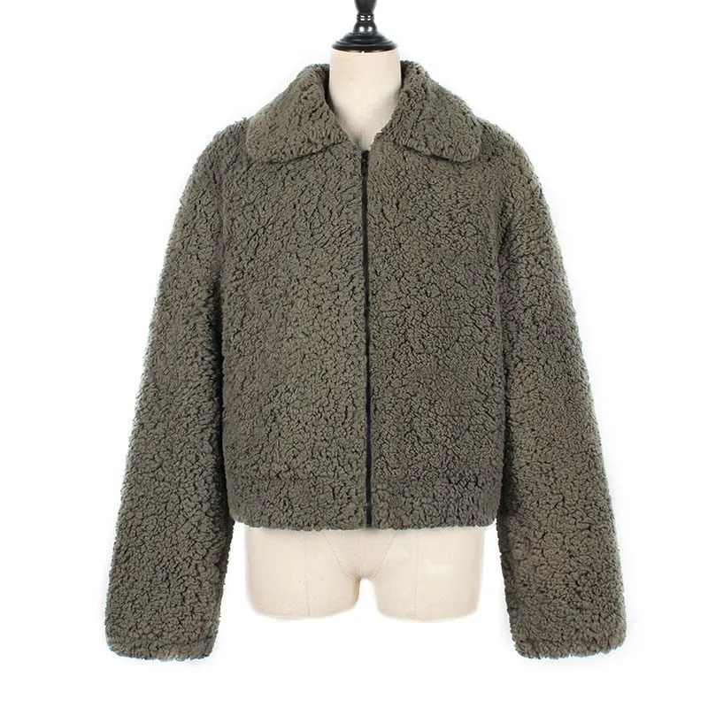 Faux Fur Coat Autumn Elegant Loose Thin Outwear Zipper Overcoat Teddy Jacket