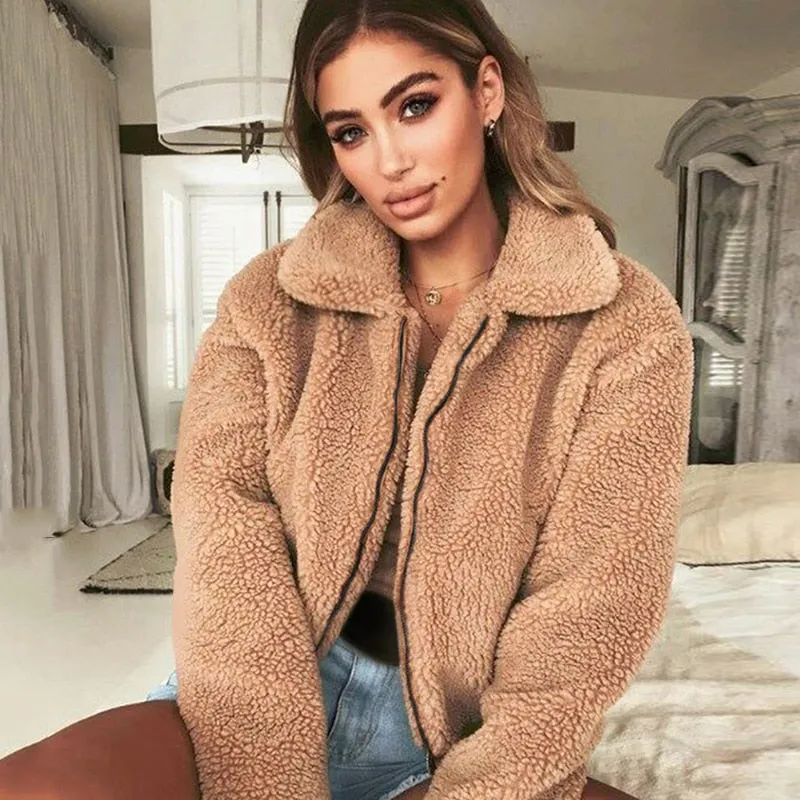 Faux Fur Coat Autumn Elegant Loose Thin Outwear Zipper Overcoat Teddy Jacket