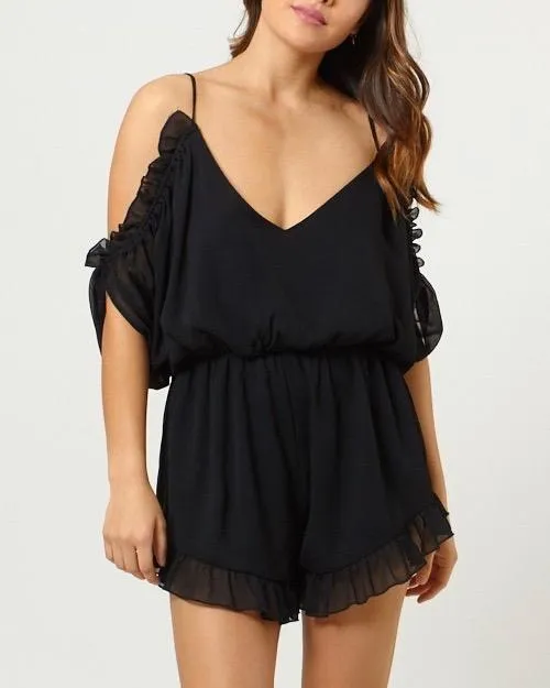 Final Sale - 4SI3NNA - peek a boo shoulder flutter romper with ruffle hem - black