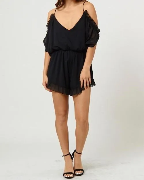 Final Sale - 4SI3NNA - peek a boo shoulder flutter romper with ruffle hem - black