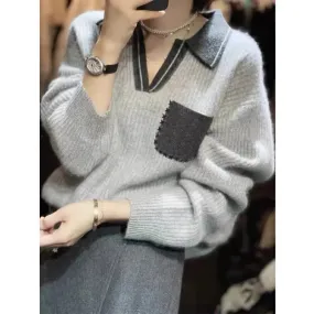 Flytonn-Europe station  new  chic high-grade feeling V collar Woolen sweater women's autumn winter languid lazy wind