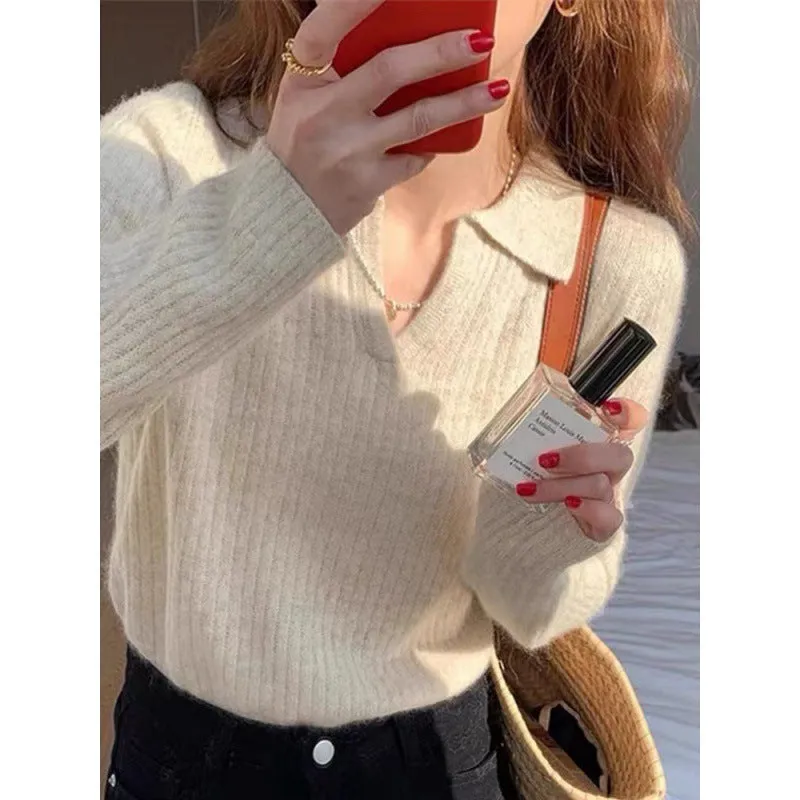 Flytonn-women fall outfits high street ins style  fall outfits women Japanese Style Retro Polo Collar Sweater for Women Autumn and Winter New Design Soft Glutinous Bottoming Sweater Inner Top