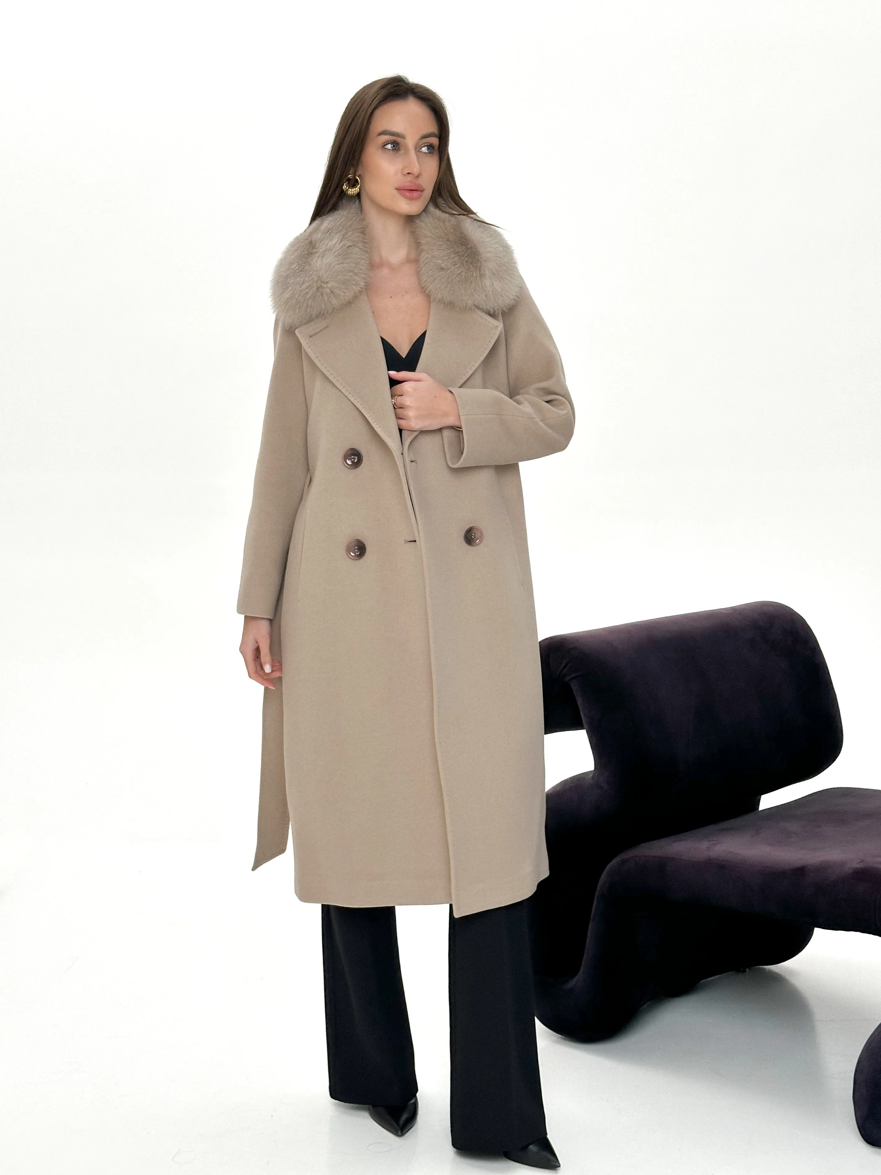 Genuine Polar Fox Cashmere Wool Back Zipp Coat