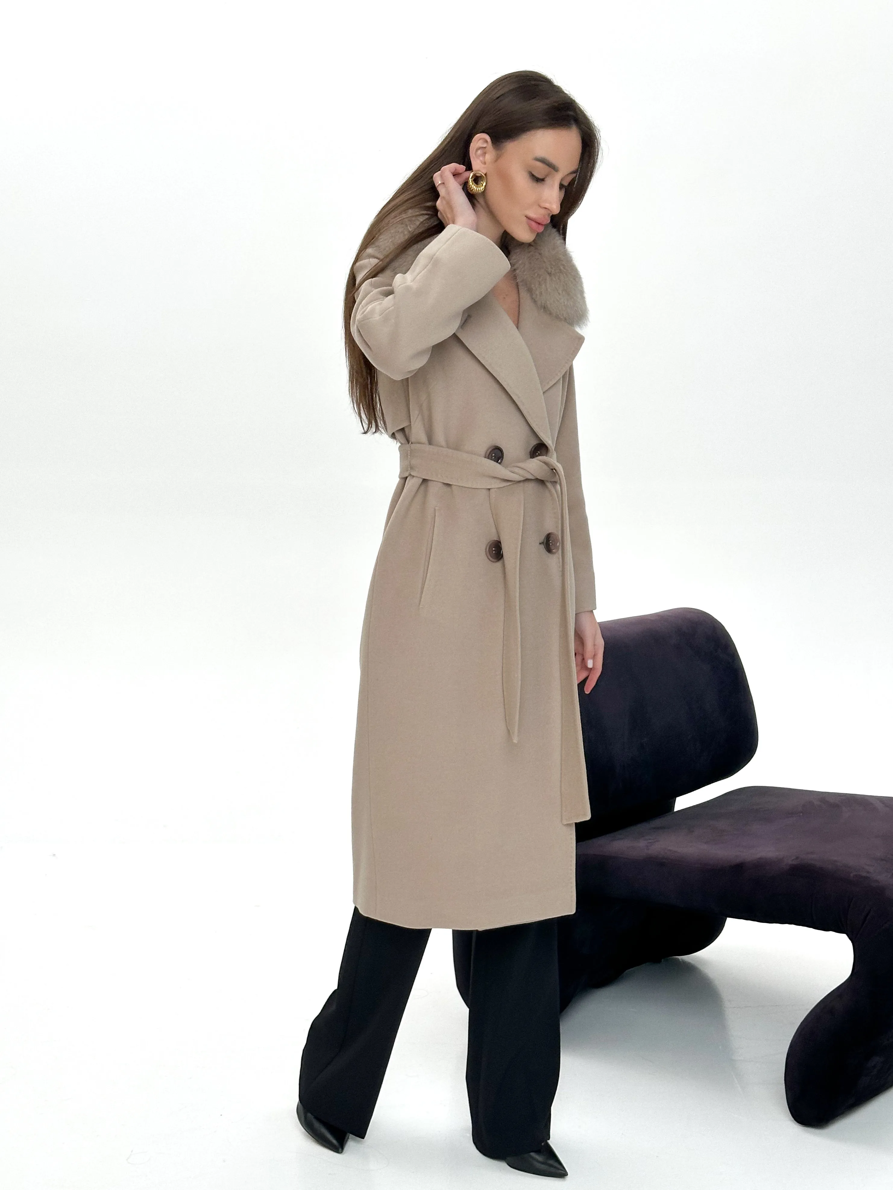 Genuine Polar Fox Cashmere Wool Back Zipp Coat