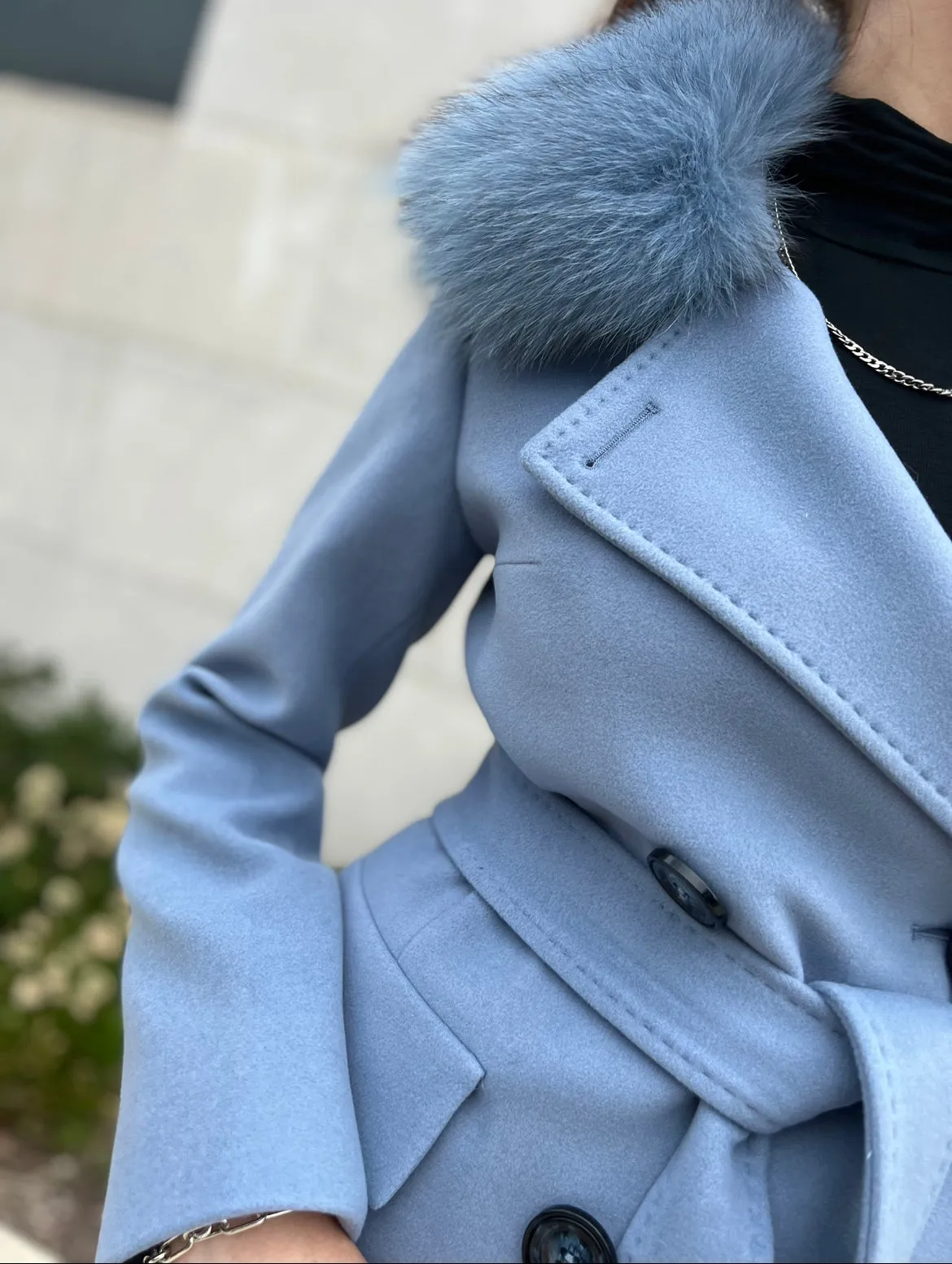 Genuine Polar Fox Collar Cashmere Wool Coat