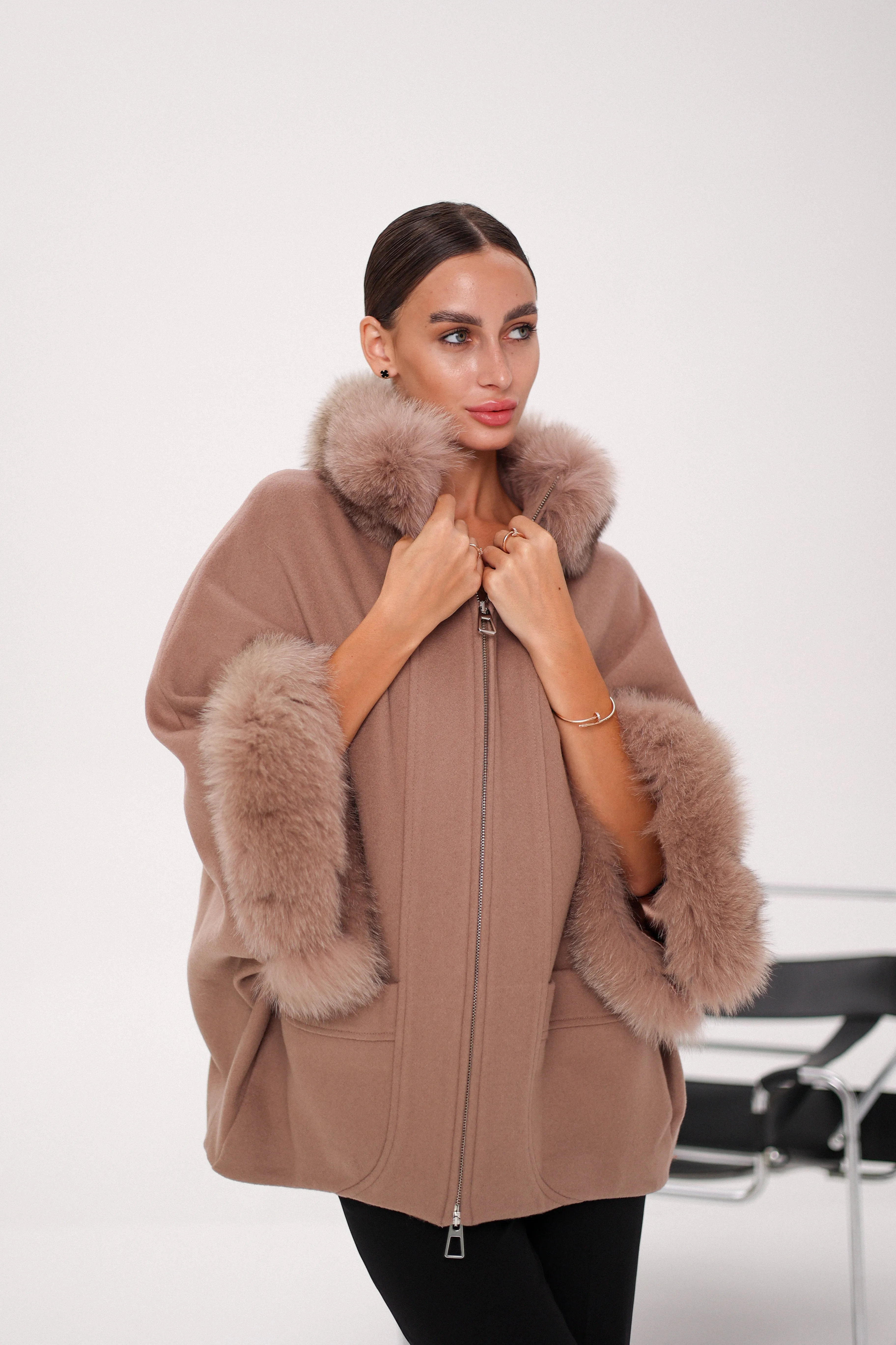 Genuine Polar Fox Fur Cashmere Blend Poncho in French Beige