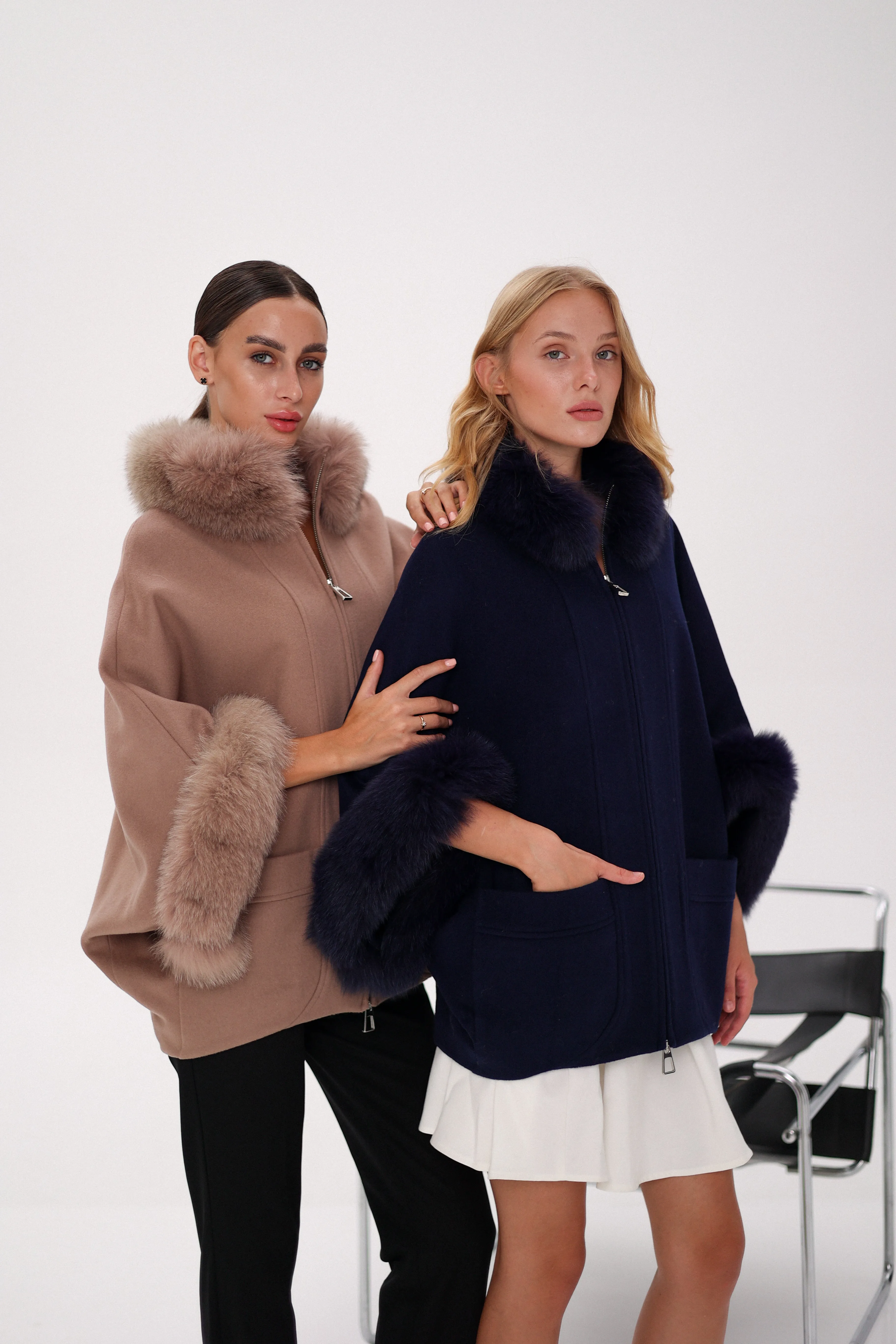 Genuine Polar Fox Fur Cashmere Blend Poncho in True Navy