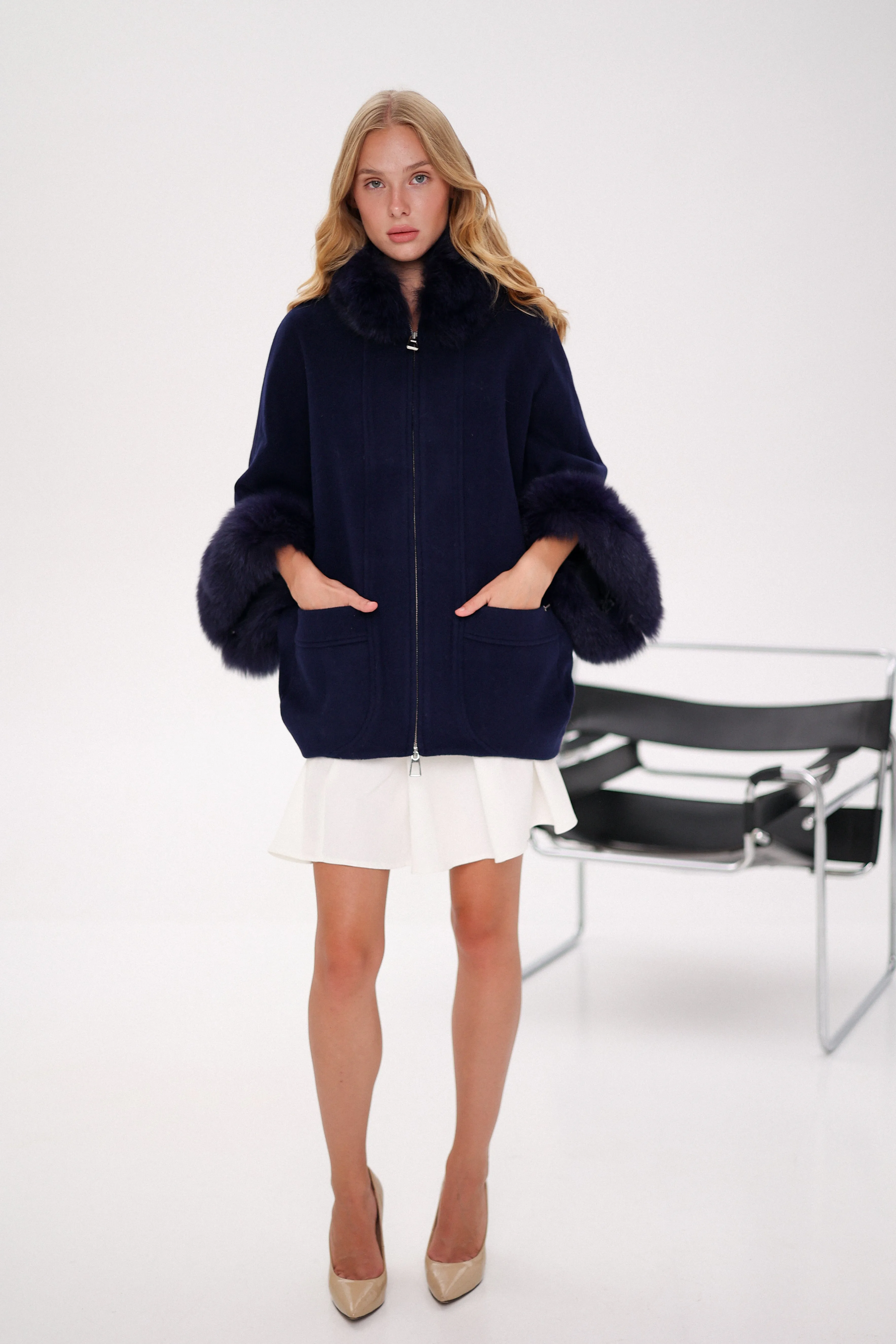 Genuine Polar Fox Fur Cashmere Blend Poncho in True Navy