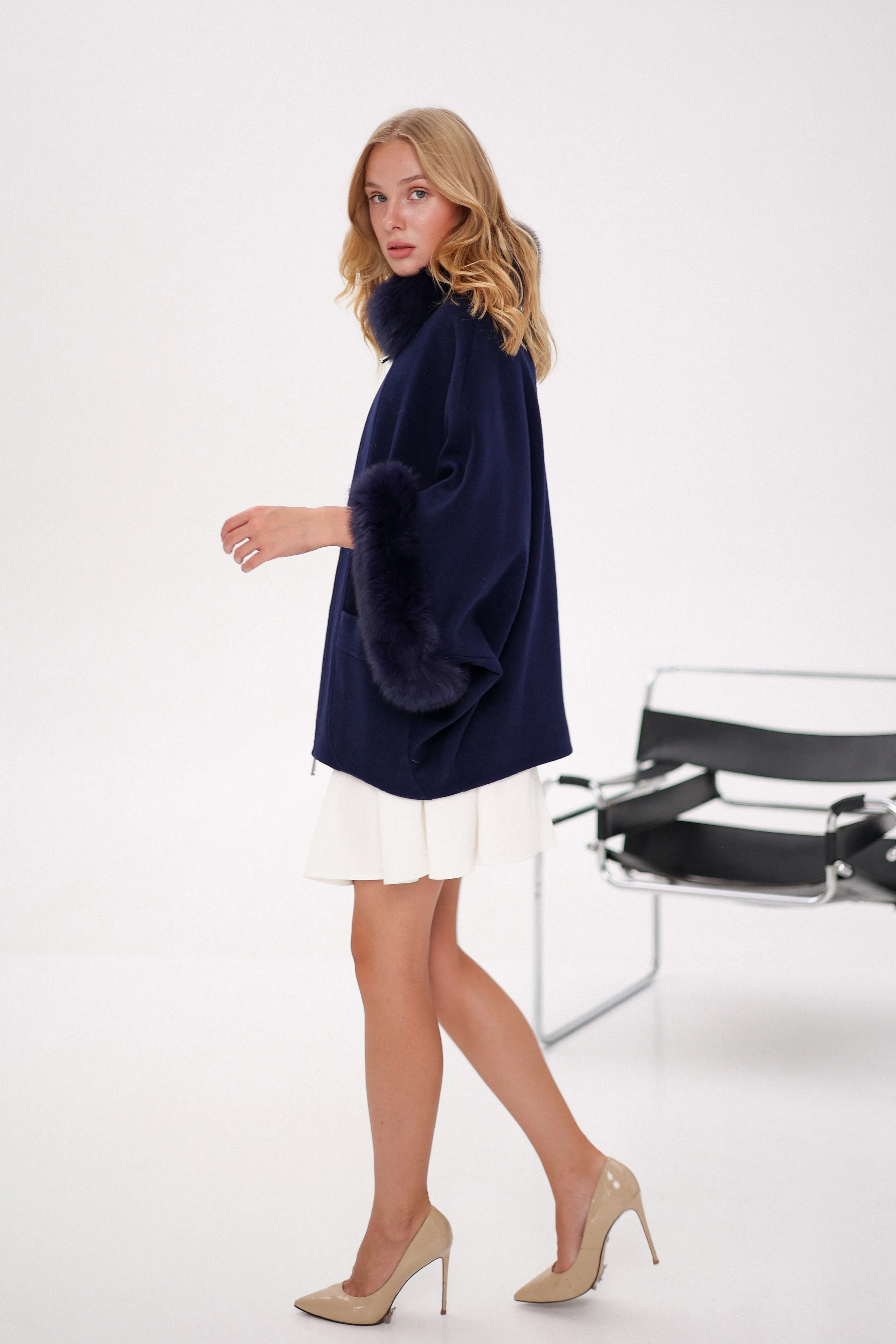 Genuine Polar Fox Fur Cashmere Blend Poncho in True Navy