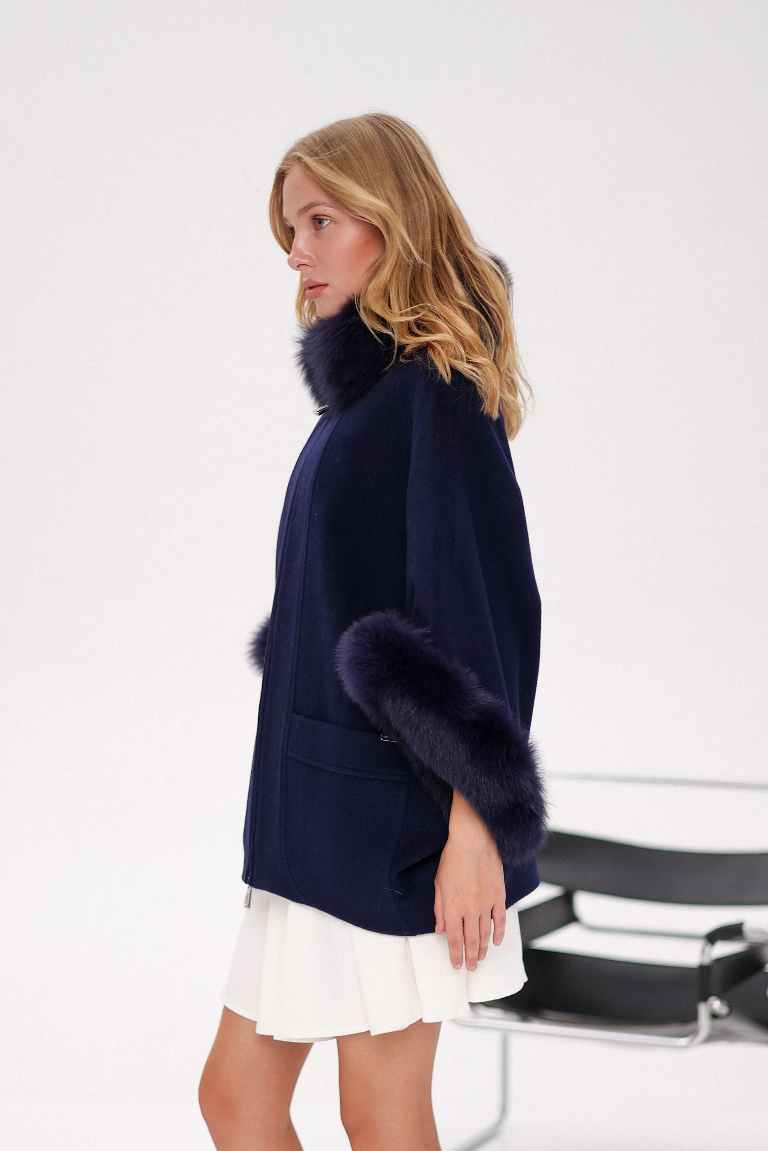 Genuine Polar Fox Fur Cashmere Blend Poncho in True Navy