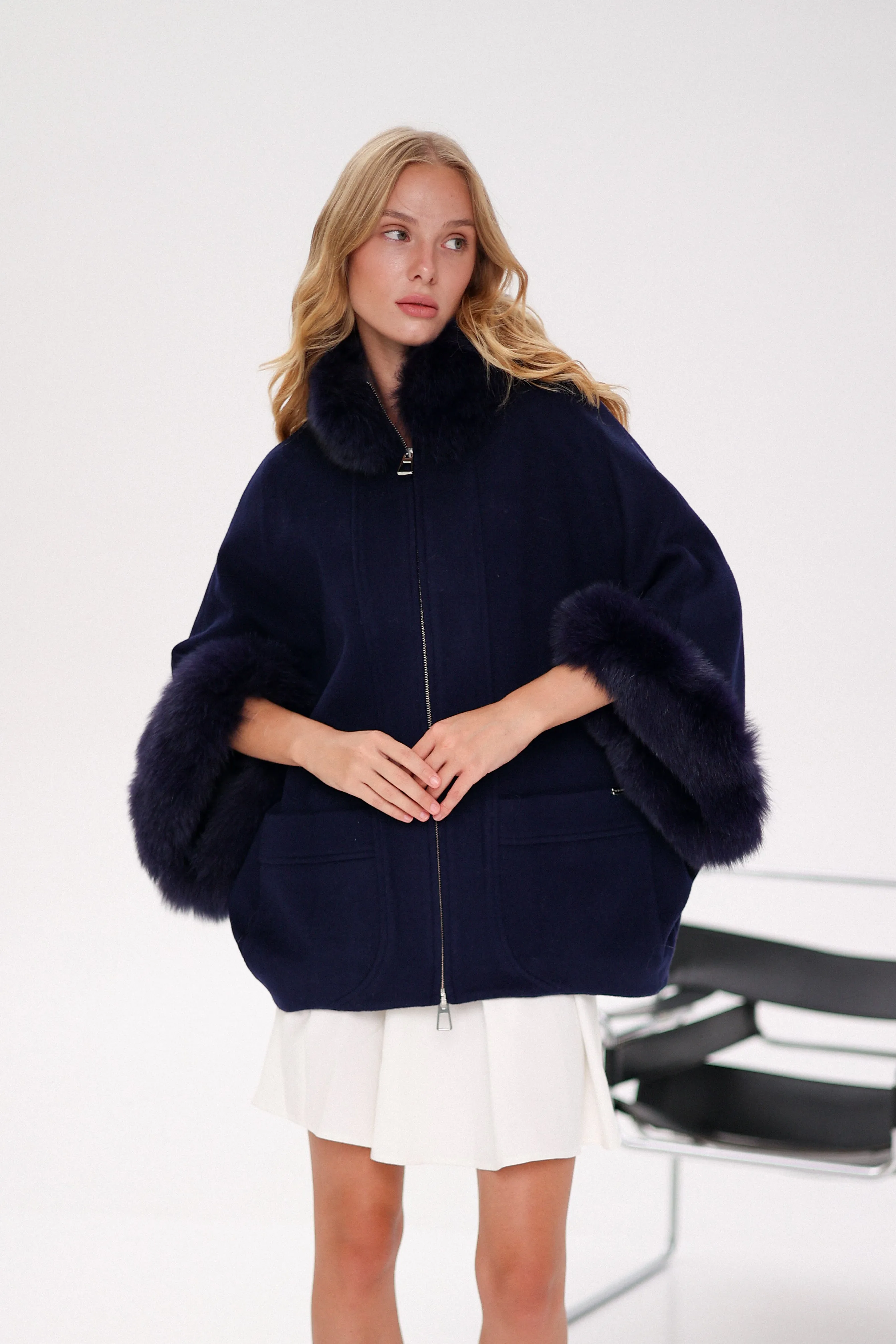 Genuine Polar Fox Fur Cashmere Blend Poncho in True Navy