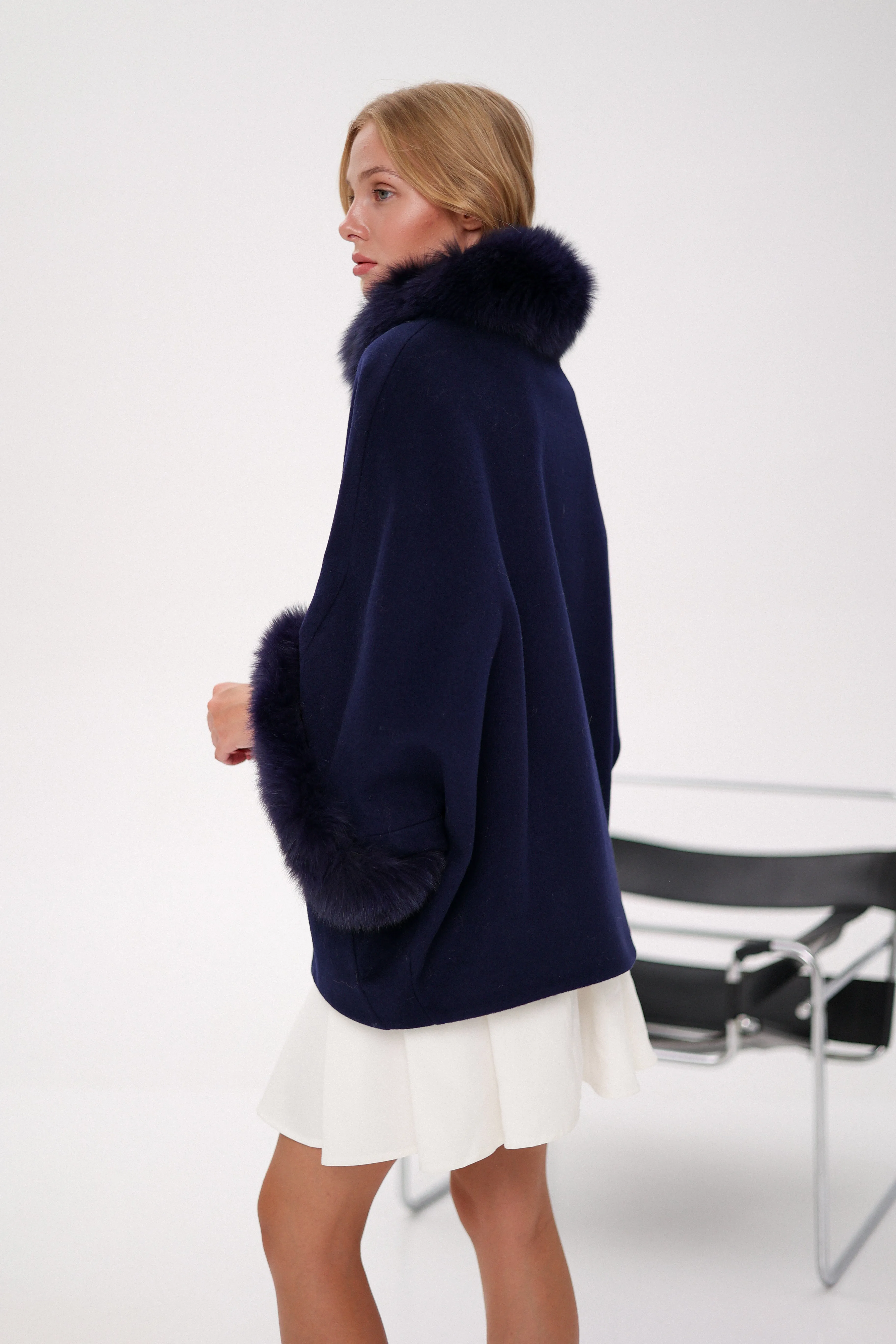 Genuine Polar Fox Fur Cashmere Blend Poncho in True Navy