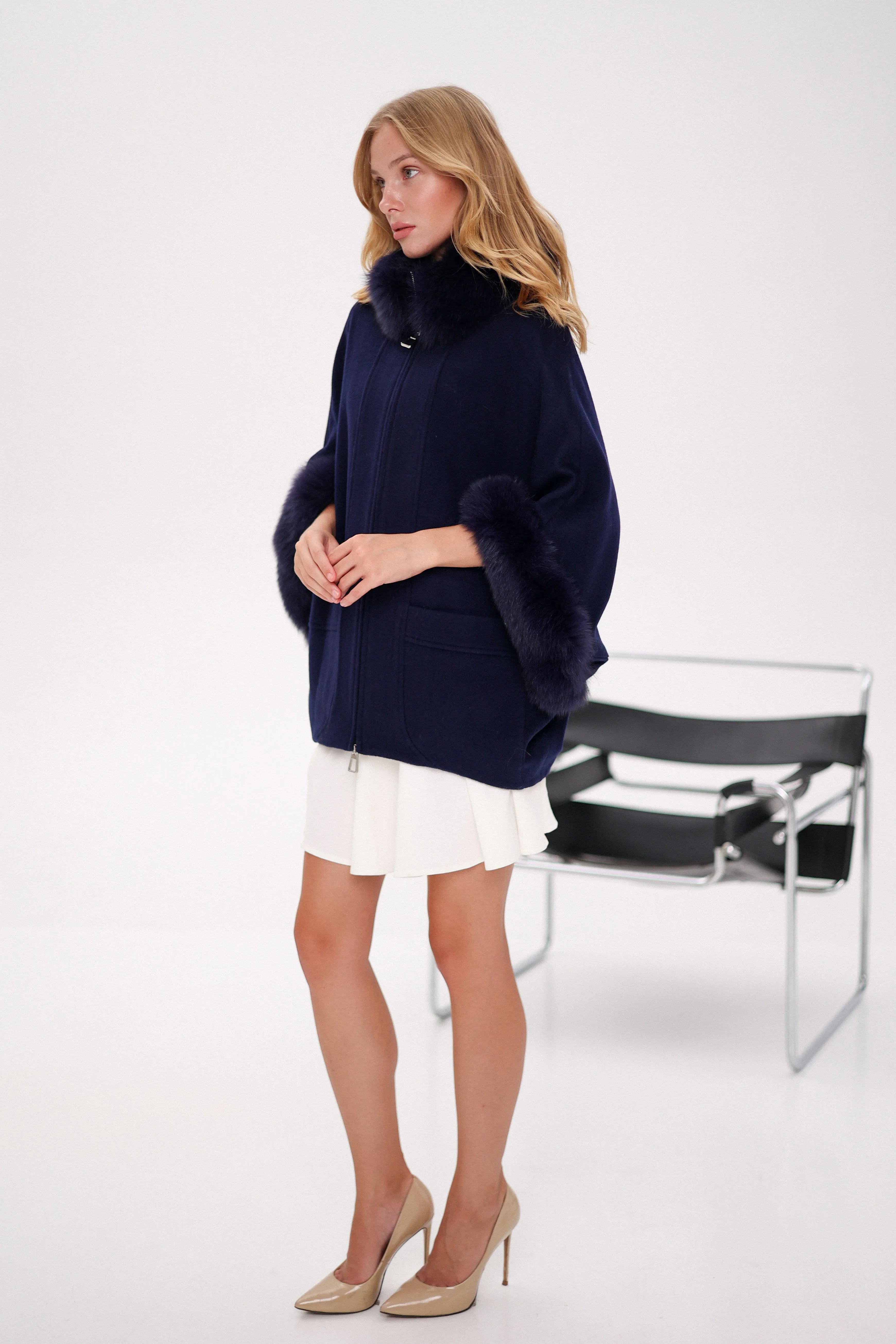 Genuine Polar Fox Fur Cashmere Blend Poncho in True Navy