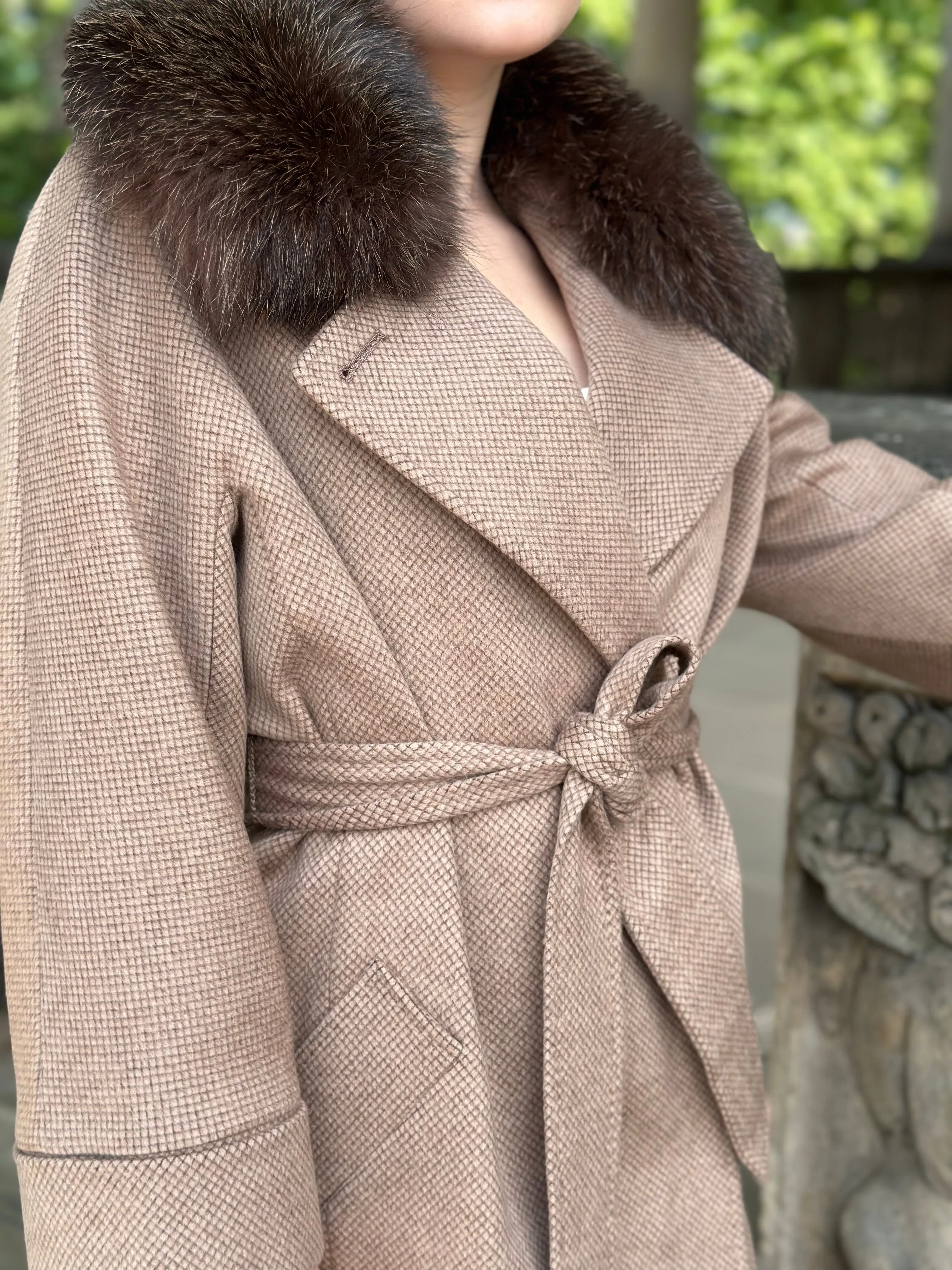 Genuine Polar Fox Tailored Cashmere Wool Coat