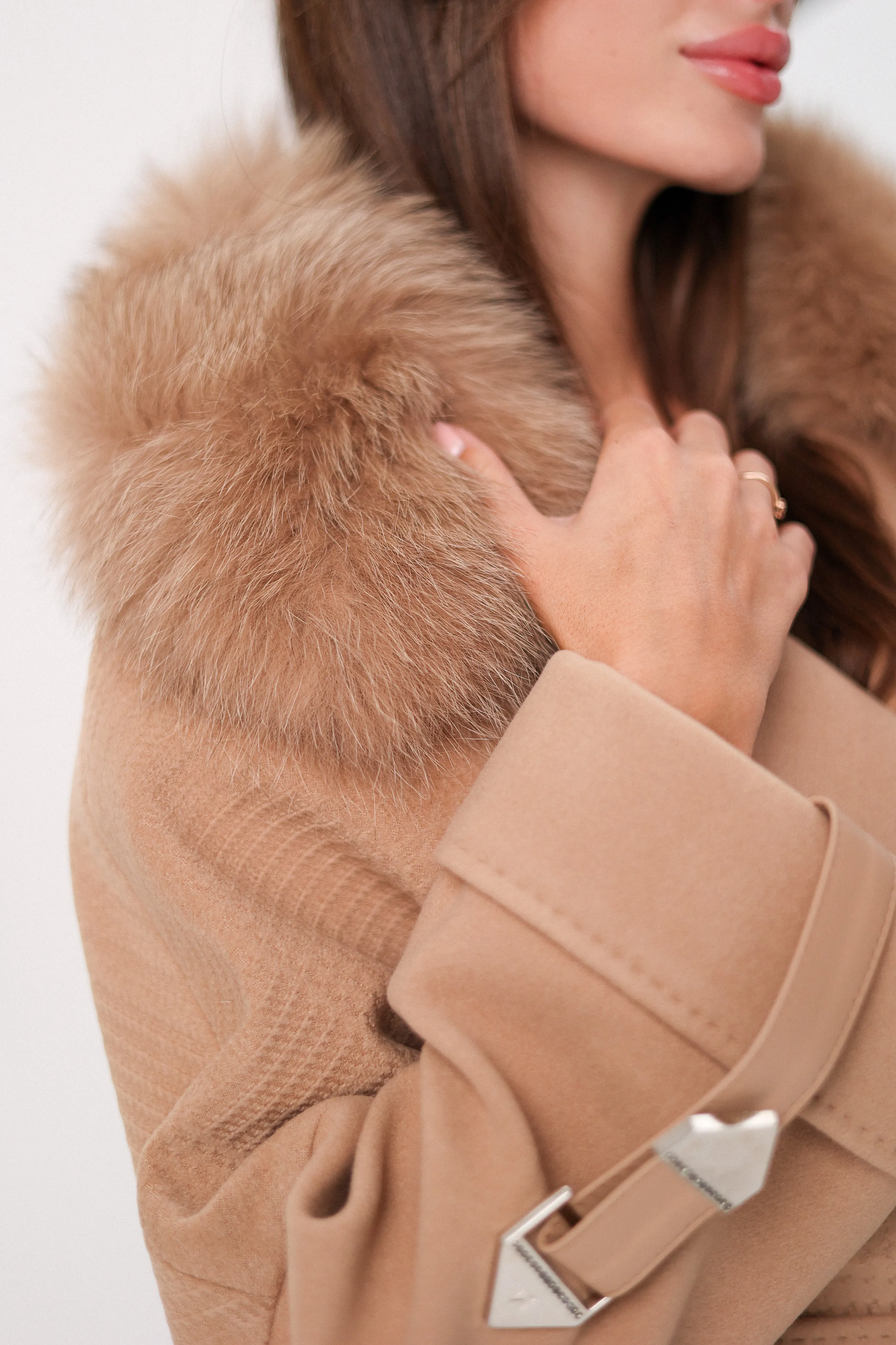 Genuine Polar Fox Textured Cashmere-Wool Coat