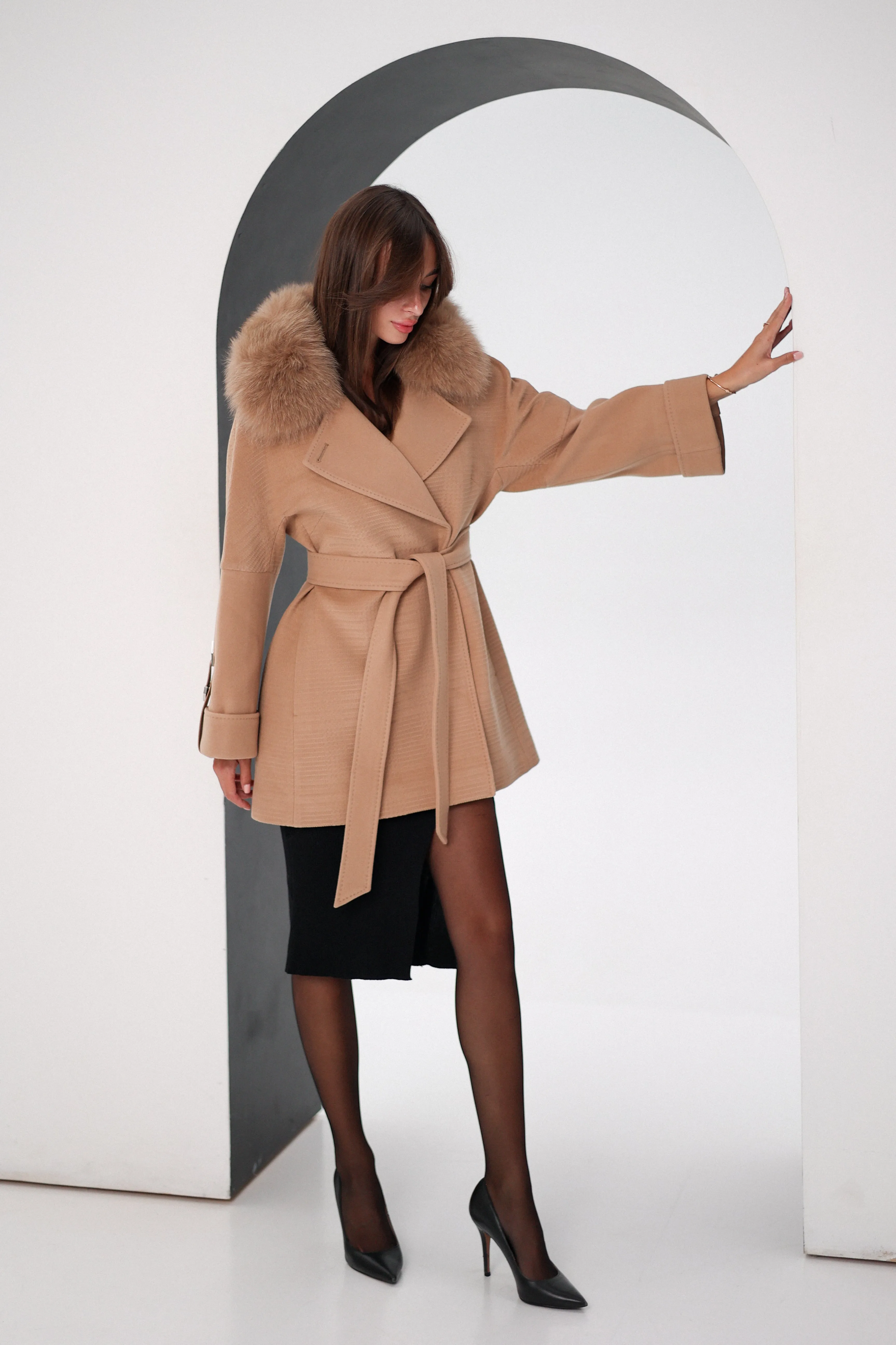 Genuine Polar Fox Textured Cashmere-Wool Coat