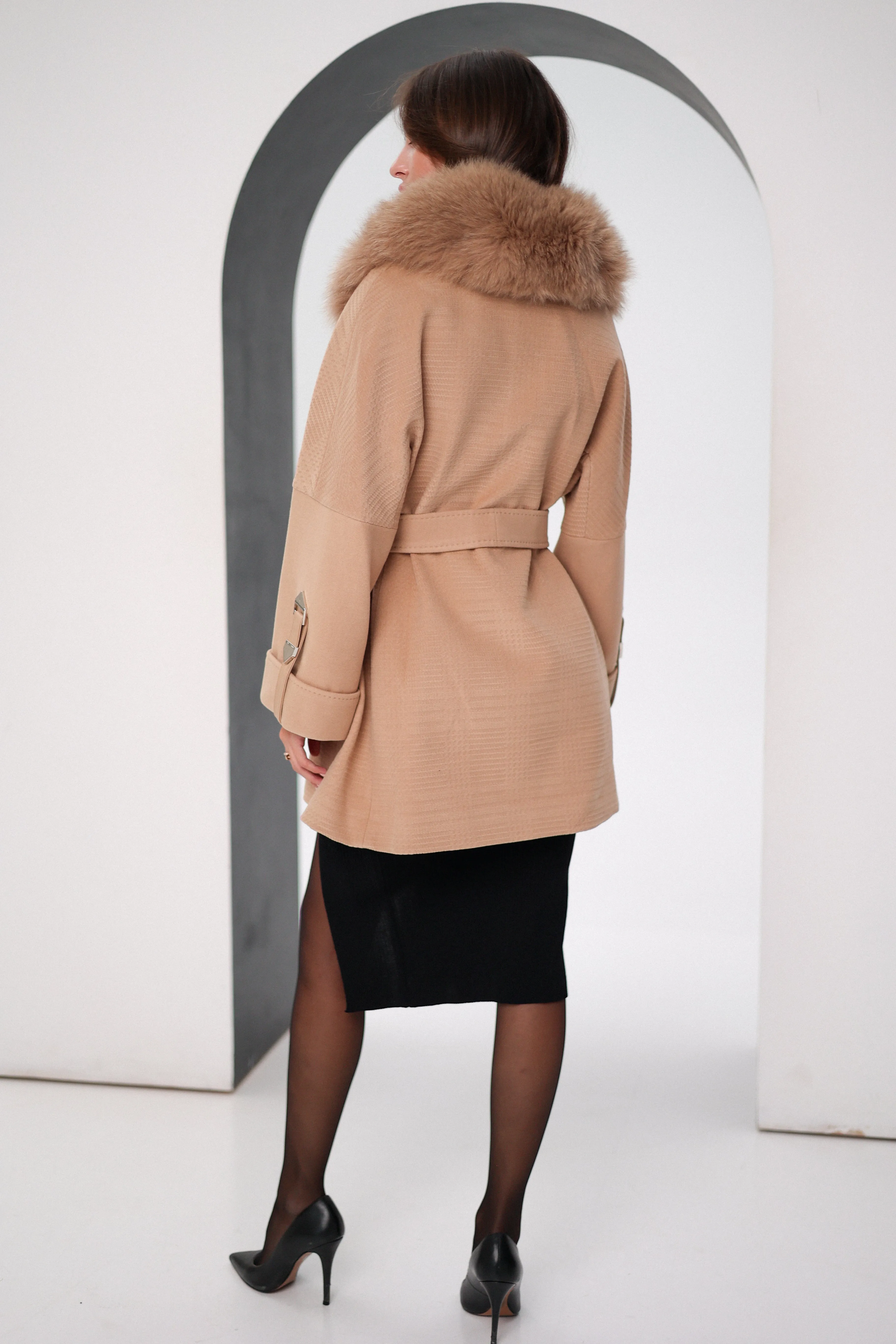 Genuine Polar Fox Textured Cashmere-Wool Coat