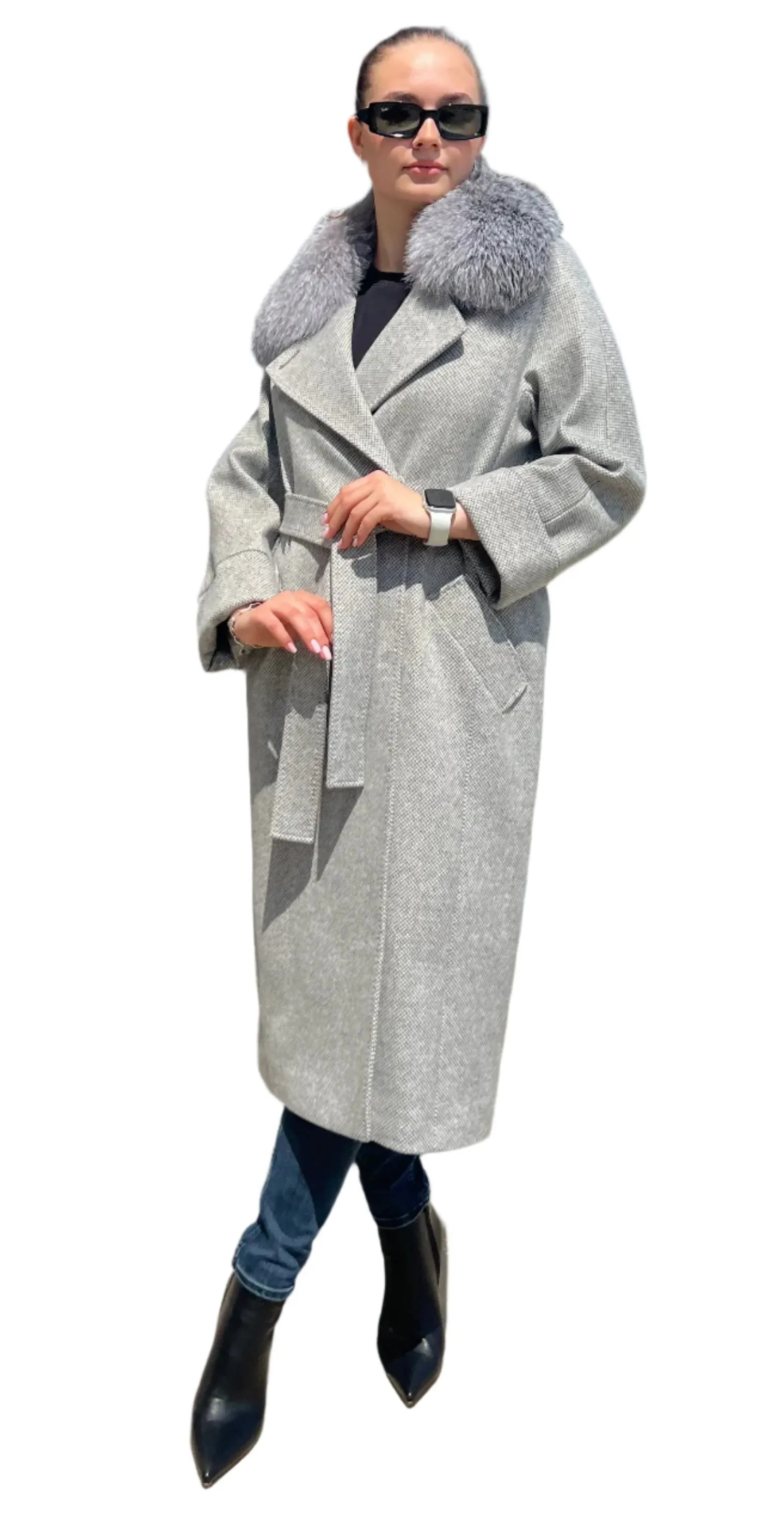 Genuine Silver Fox Tailored Cashmere-Wool Coat