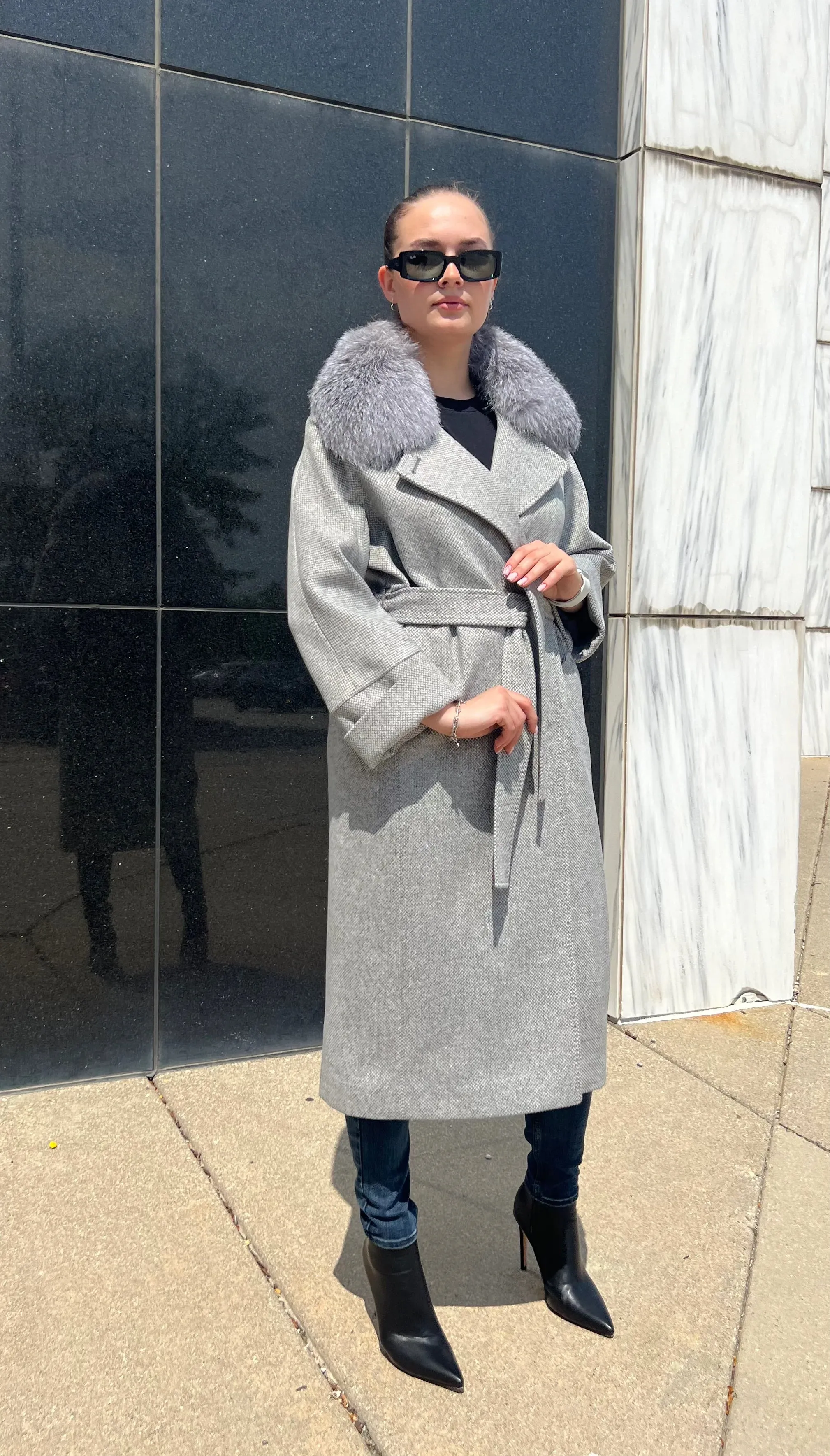 Genuine Silver Fox Tailored Cashmere-Wool Coat