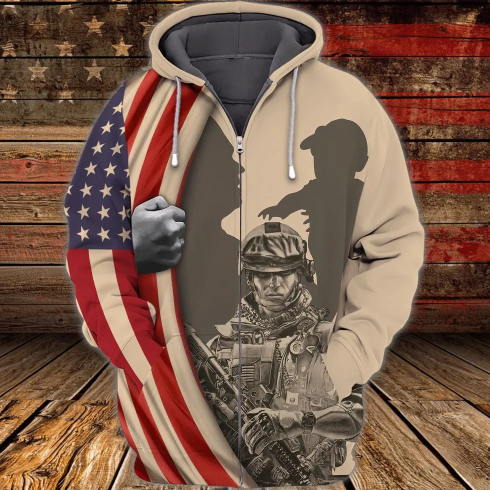 Gift For Veteran Grandpa, 3D Print Shirt Veteran American Flag Pattern, Classic Veteran Zip Up Hoodie